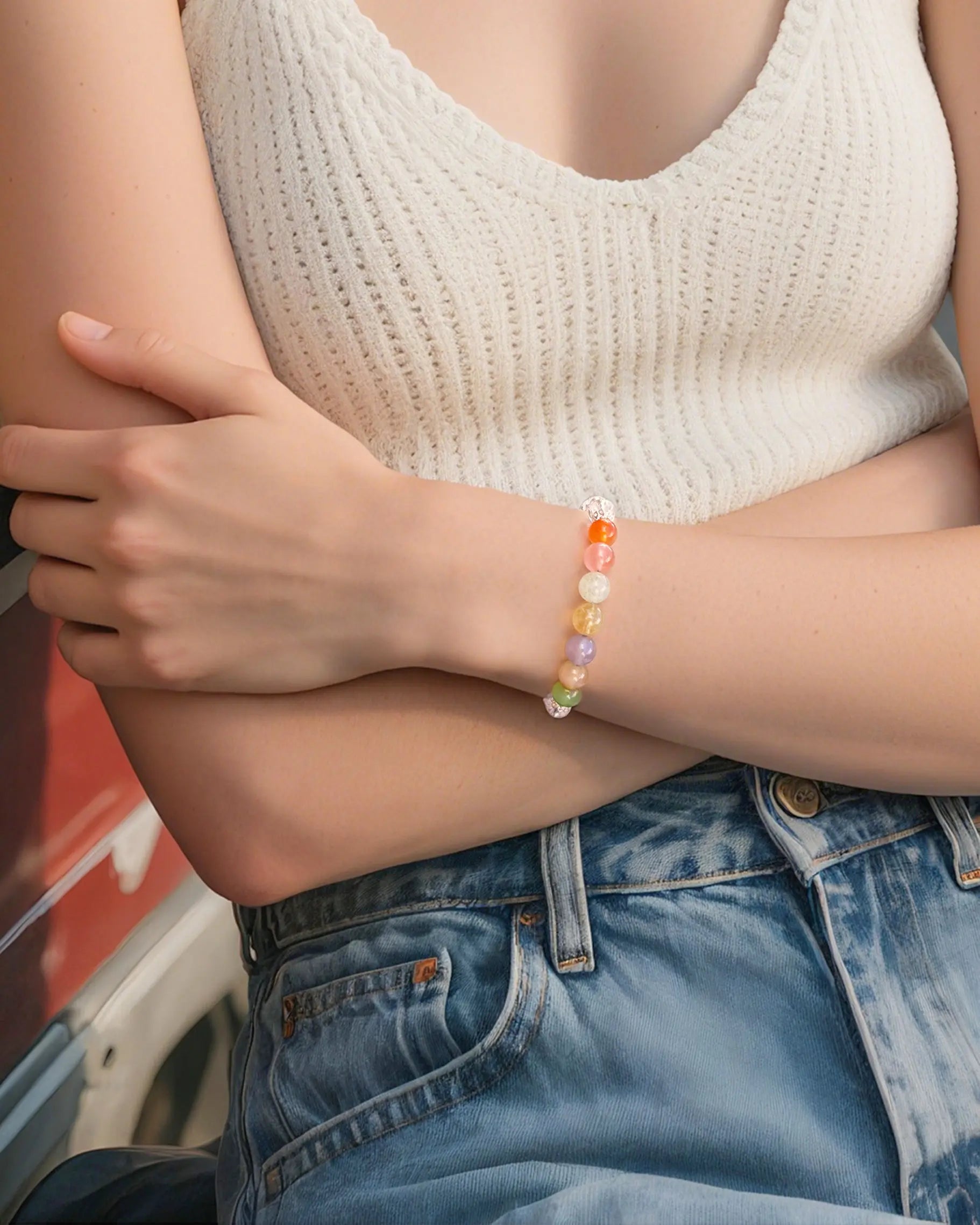 clear quartz rainbow colored beaded bracelet on the model