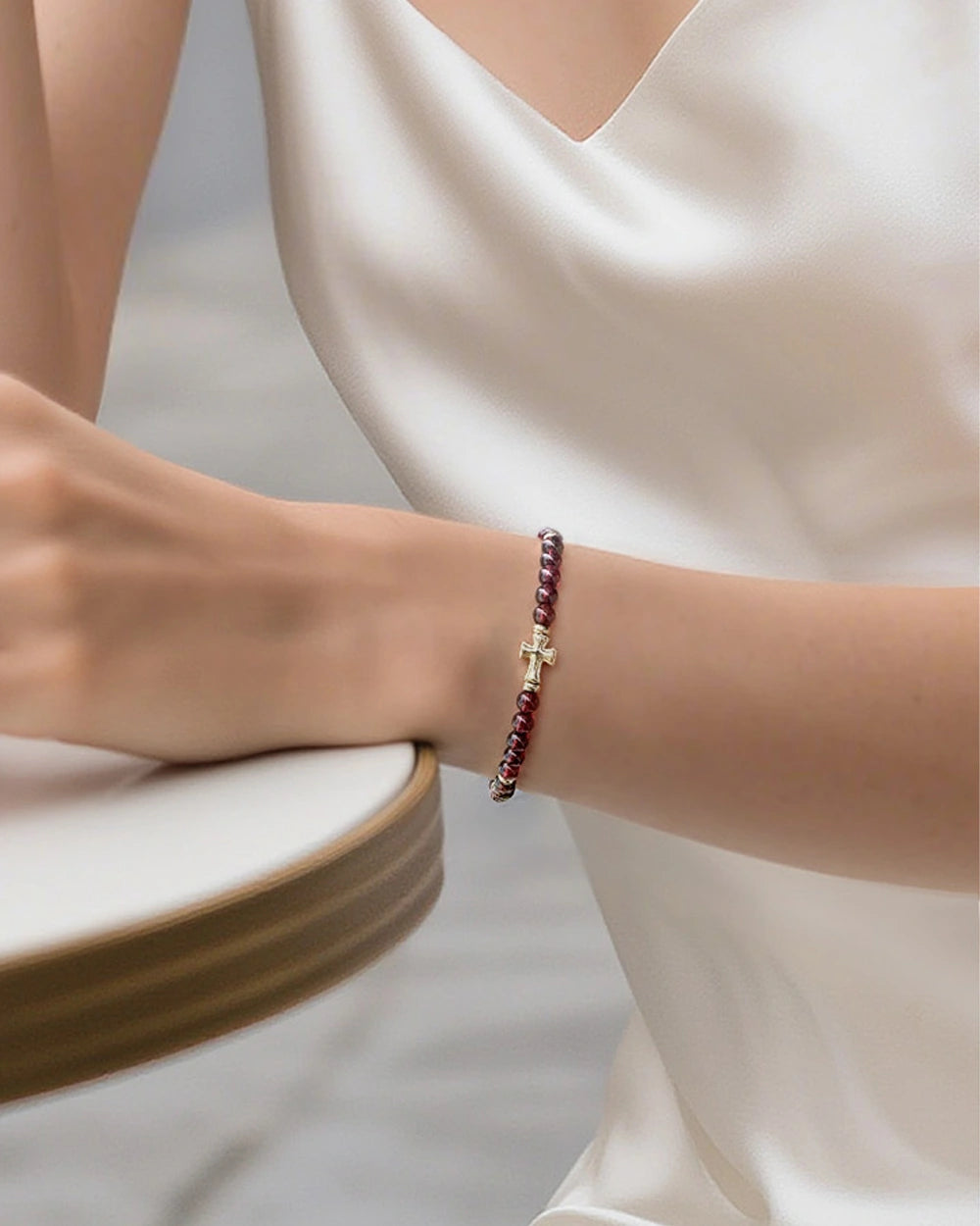 garnet beaded bracelet on the model