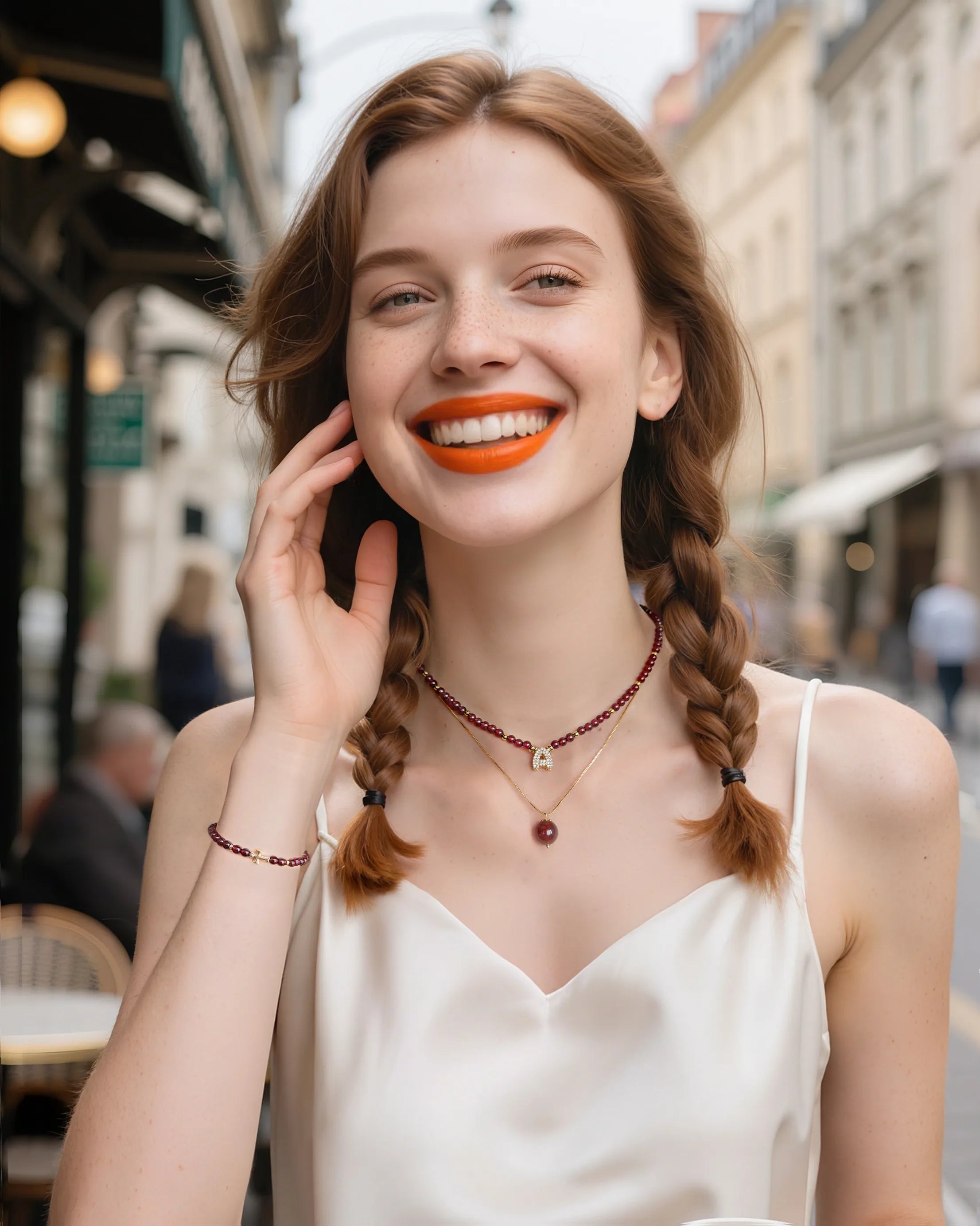 garnet pendant necklace set worn by model