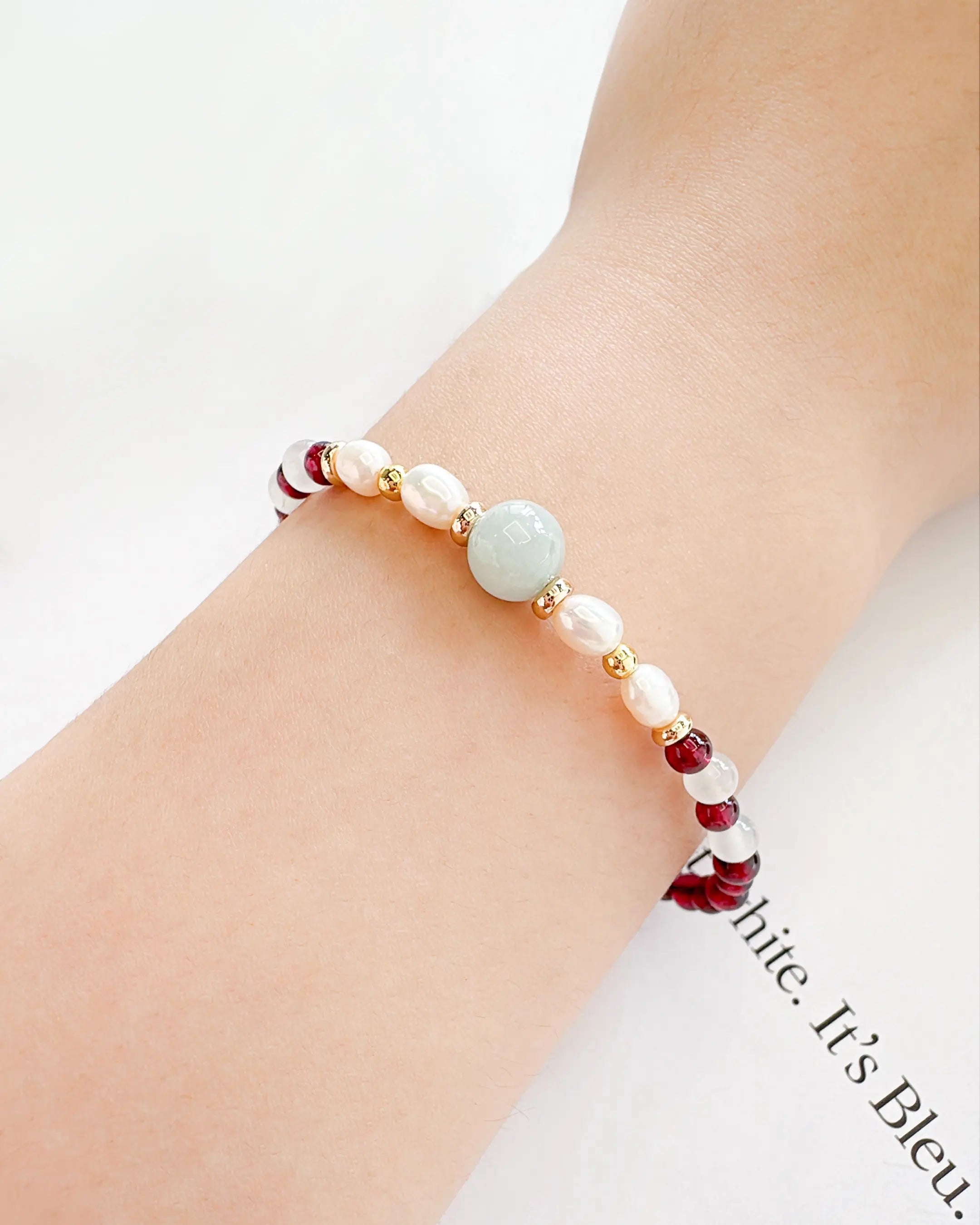 Garnet Moonstone Gold Plated Sterling Silver Bracelet on the model