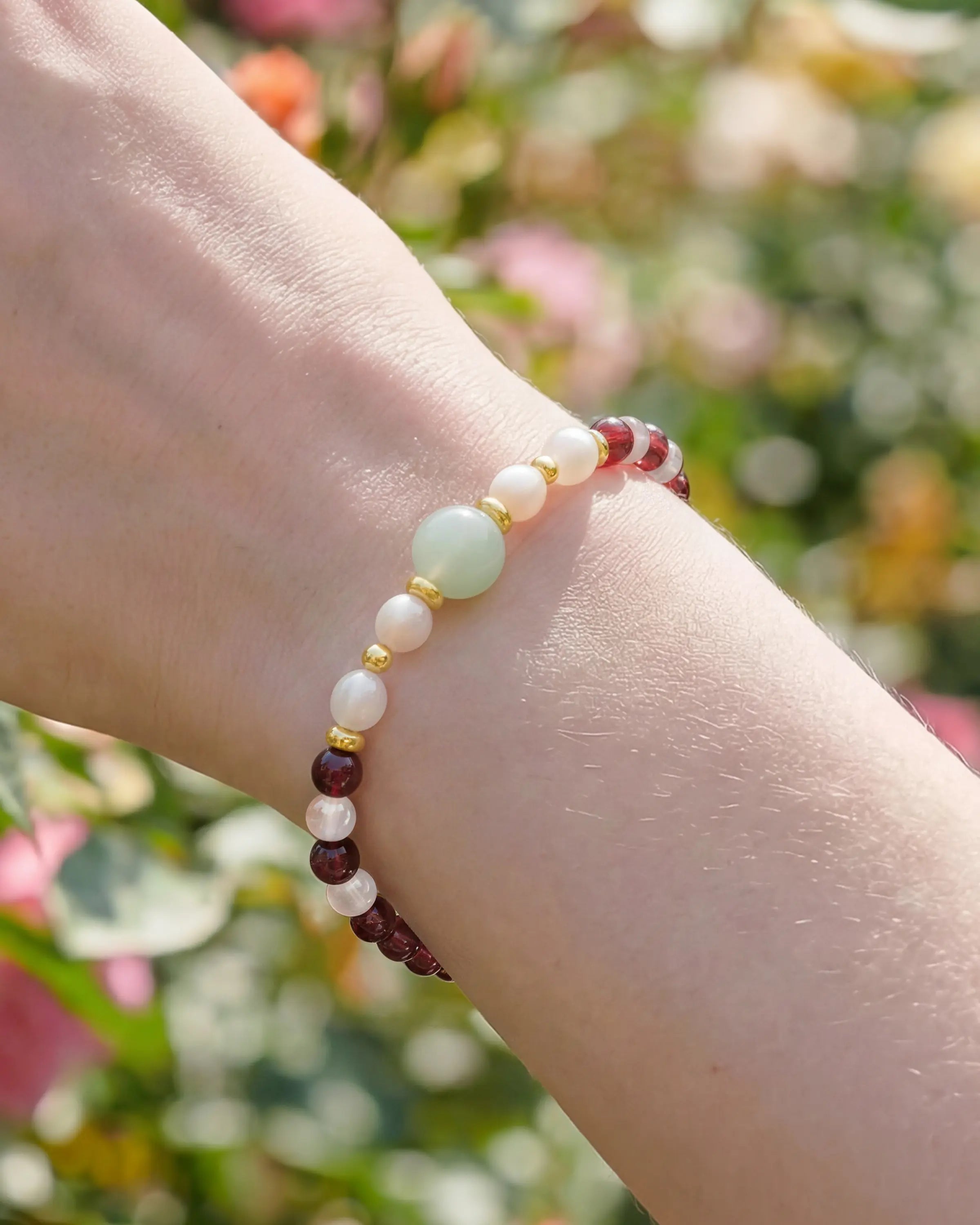 Garnet Moonstone Gold Plated Sterling Silver Bracelet on the model