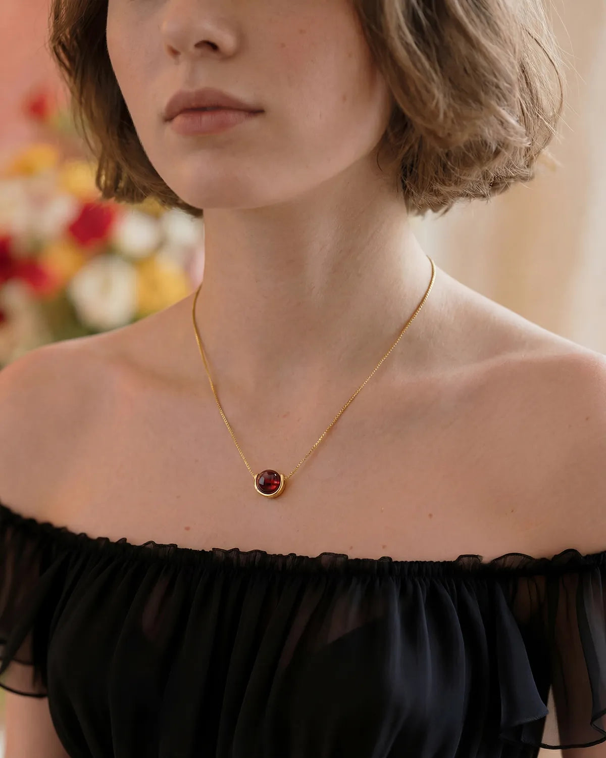 Garnet U-Shape Gold Plated Sterling Silver Necklace