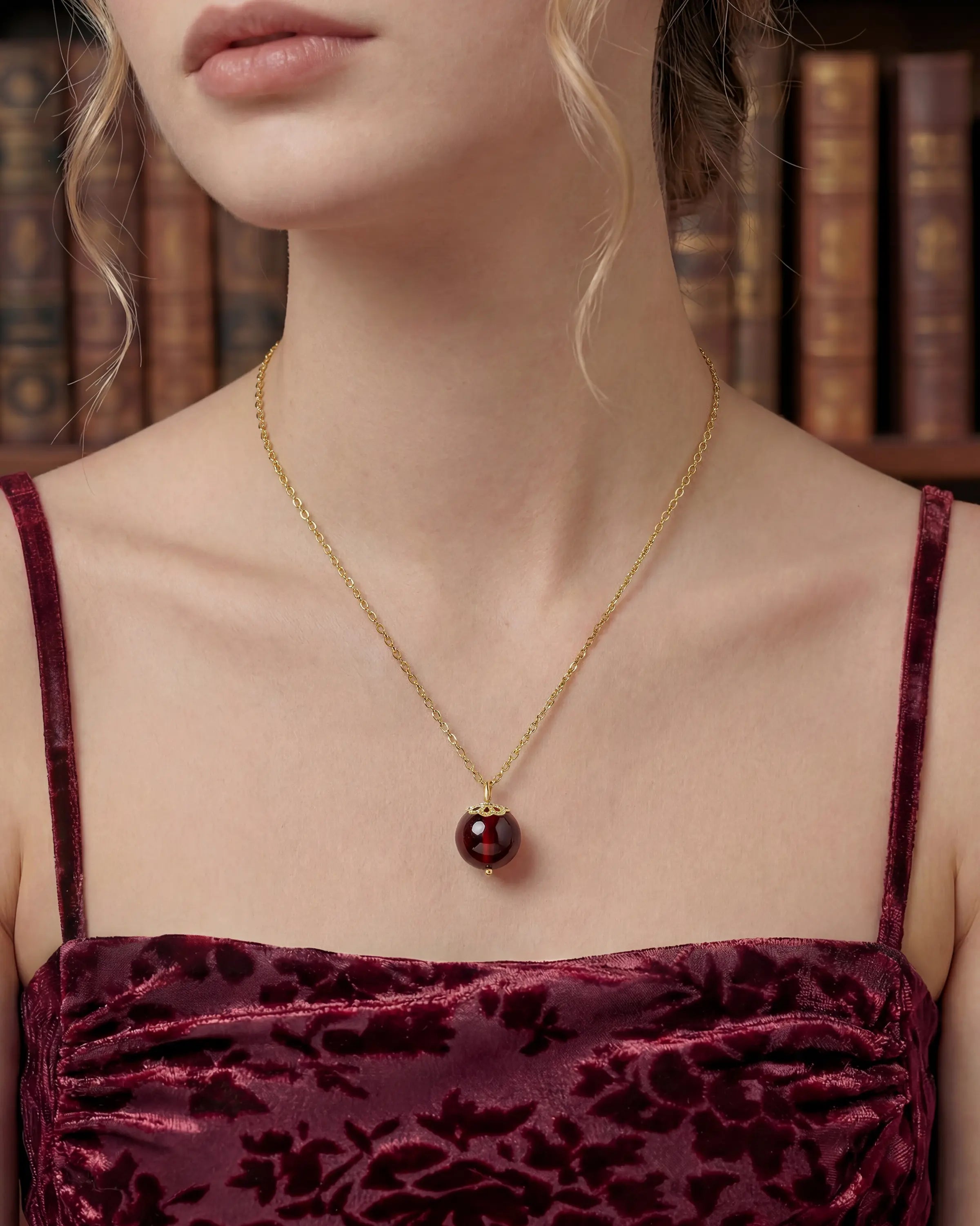 garnet pendant necklace worn by model