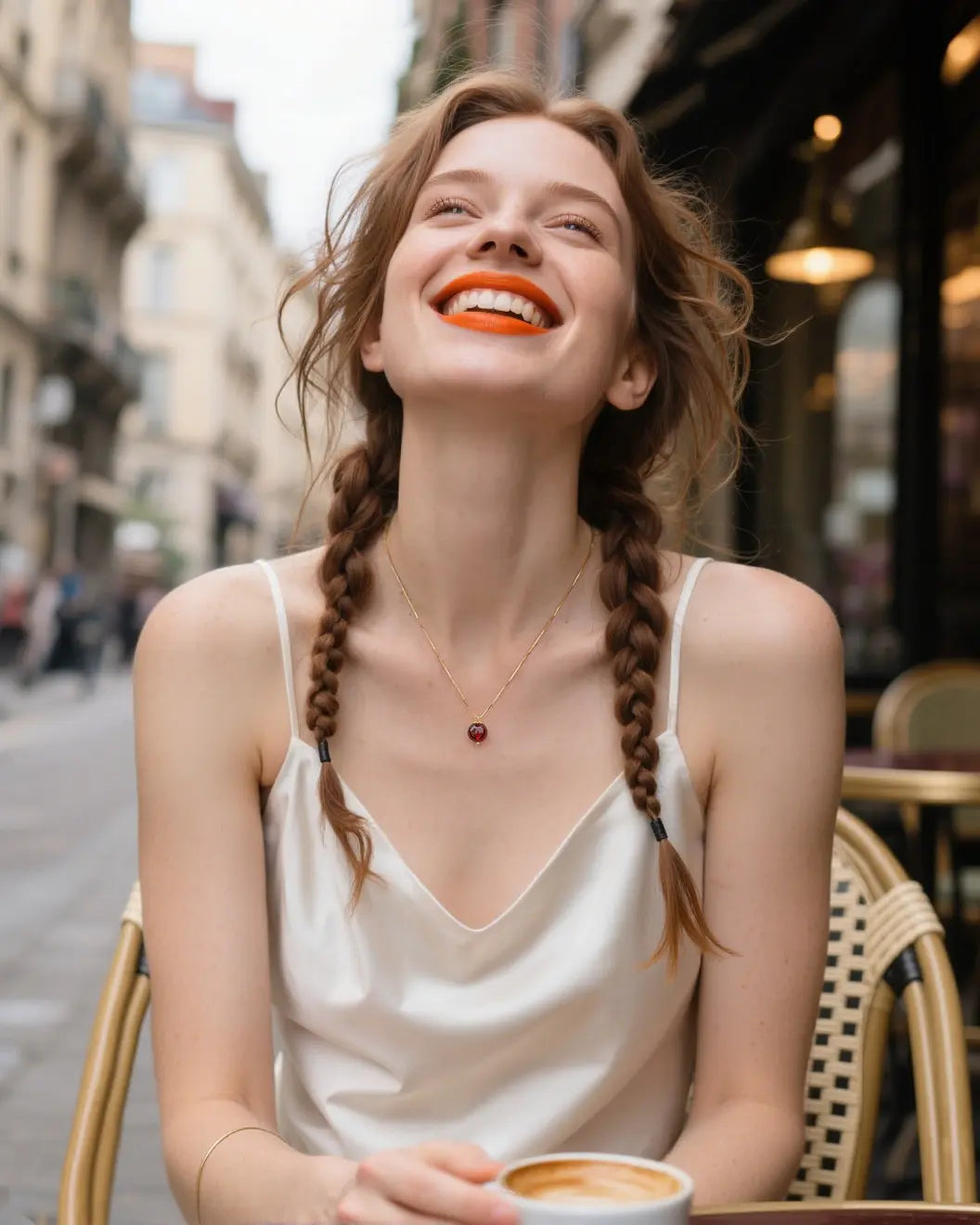 garnet pendant necklace worn by model