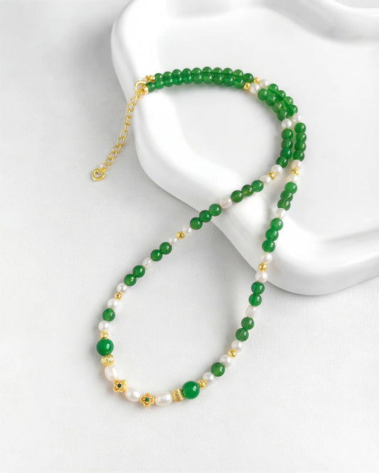 Green Agate Pearl Gold Necklace – Balance & Harmony