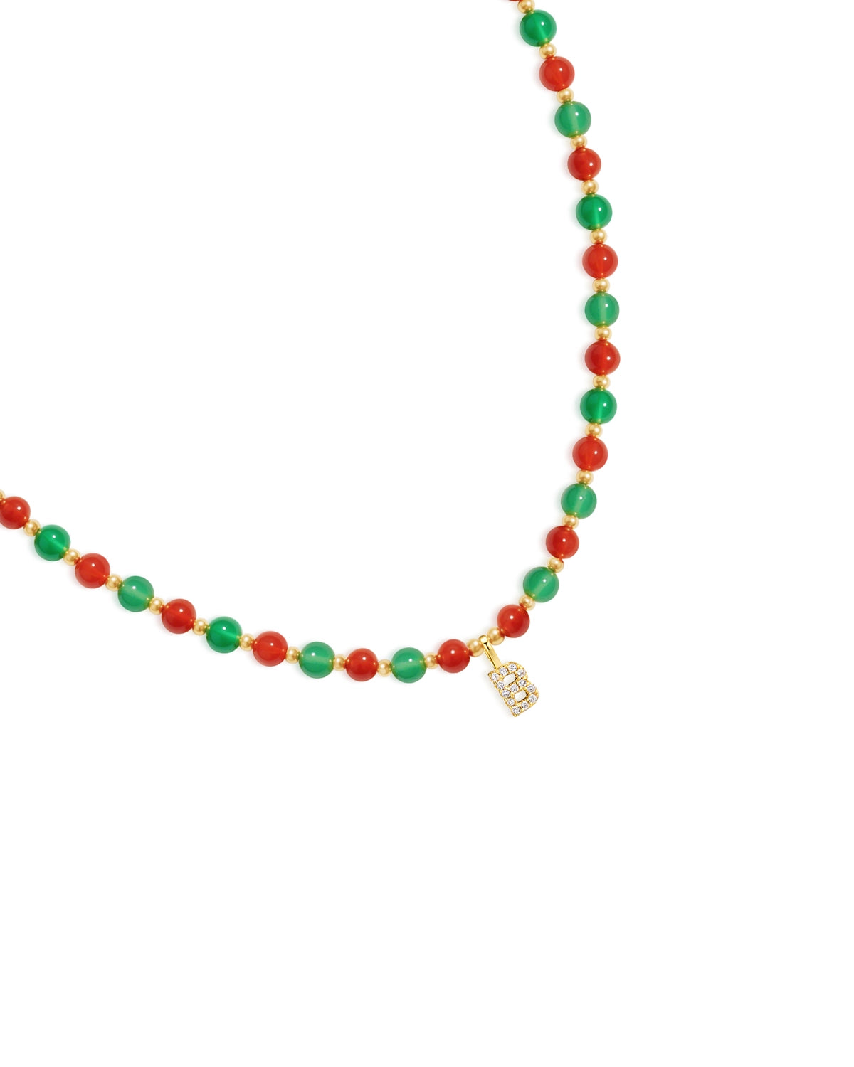 green & red agate beaded necklace detail