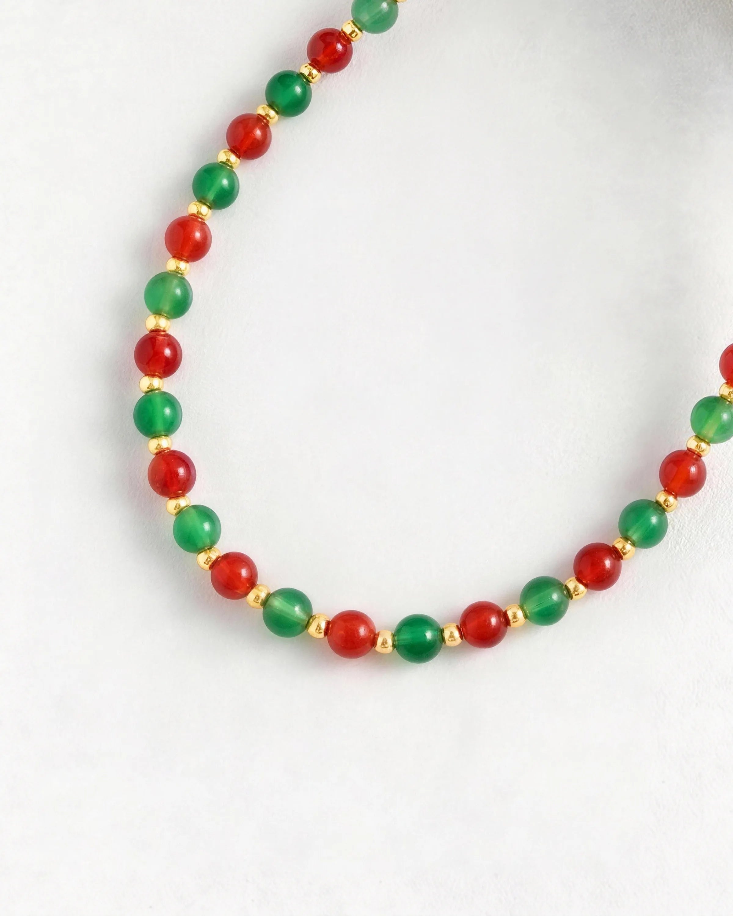 green & red agate beaded necklace detail