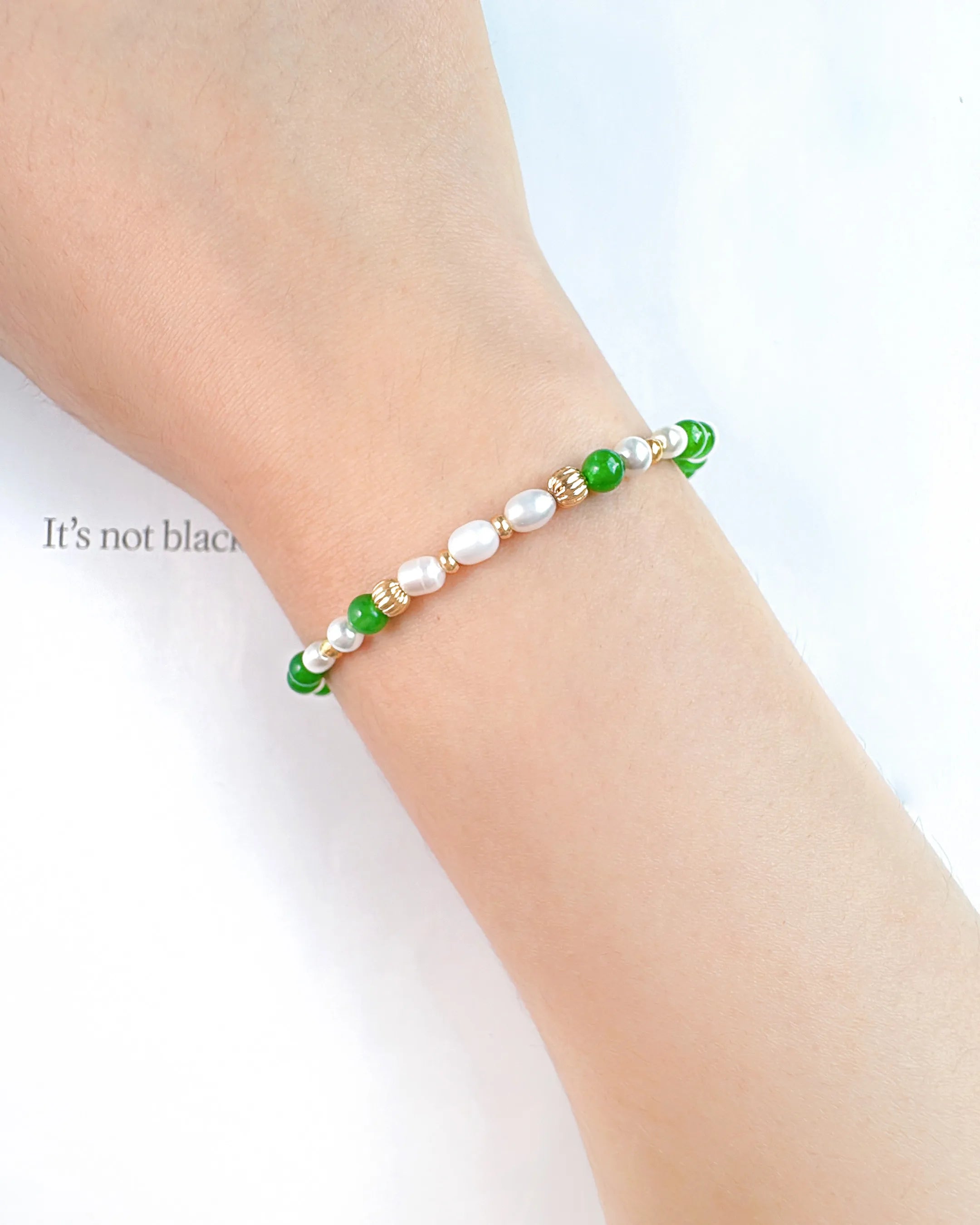 Green Agate Pearl Gold Plated Sterling Silver Bracelet on the model