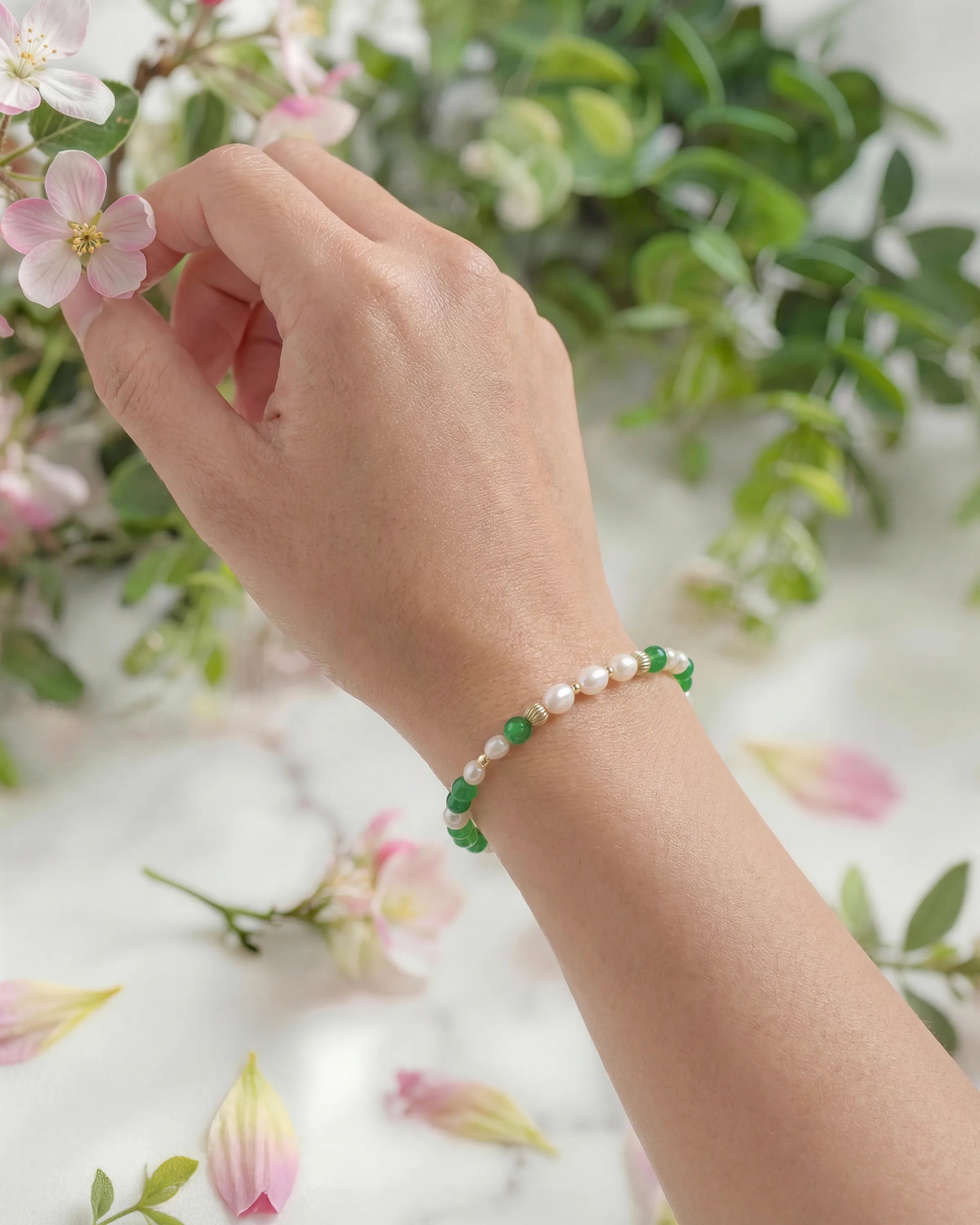 Green Agate Pearl Gold Plated Sterling Silver Bracelet on the model