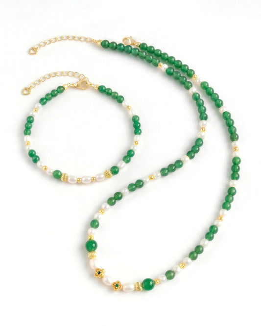 Green Agate Pearl Gold Plated Sterling Silver Necklace and Bracelet Set for Harmony