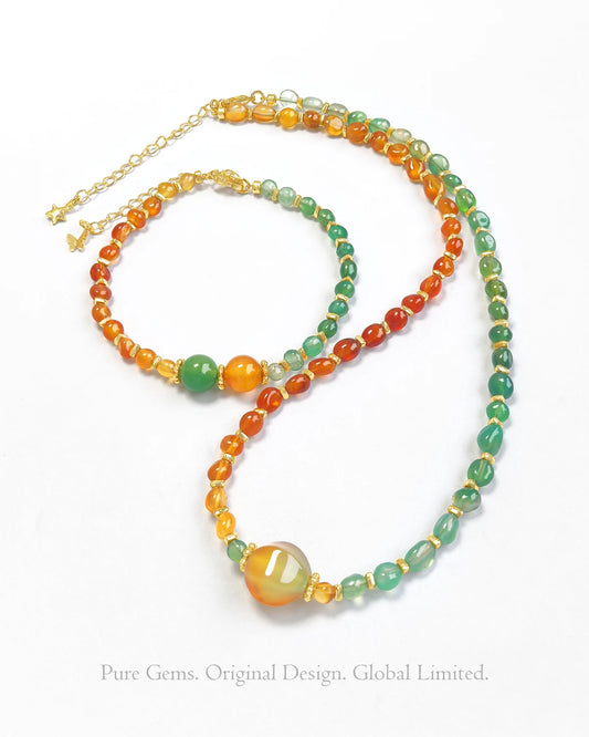Green & Red Agate 14K Gold Plated Necklace & Bracelet Set – Balance & Courage