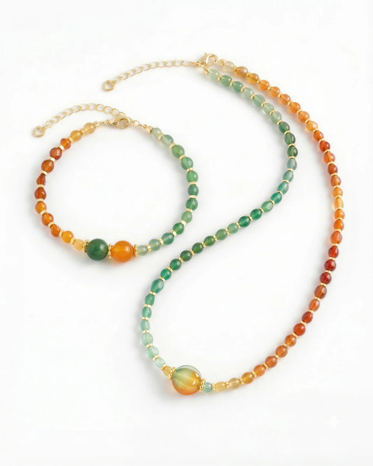 Freeform Green & Orange Agate Gold Necklace & Bracelet Set – Balance & Vitality