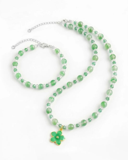 Green Jade Sakura Silver Necklace & Bracelet Set – Balance & Renewal