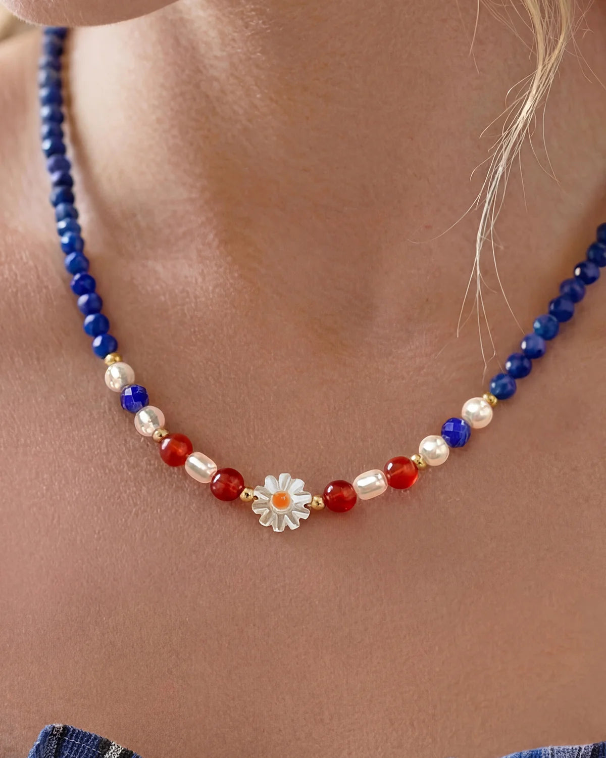 Lapis Lazuli Red Agate 18K Gold Plated Necklace on the model