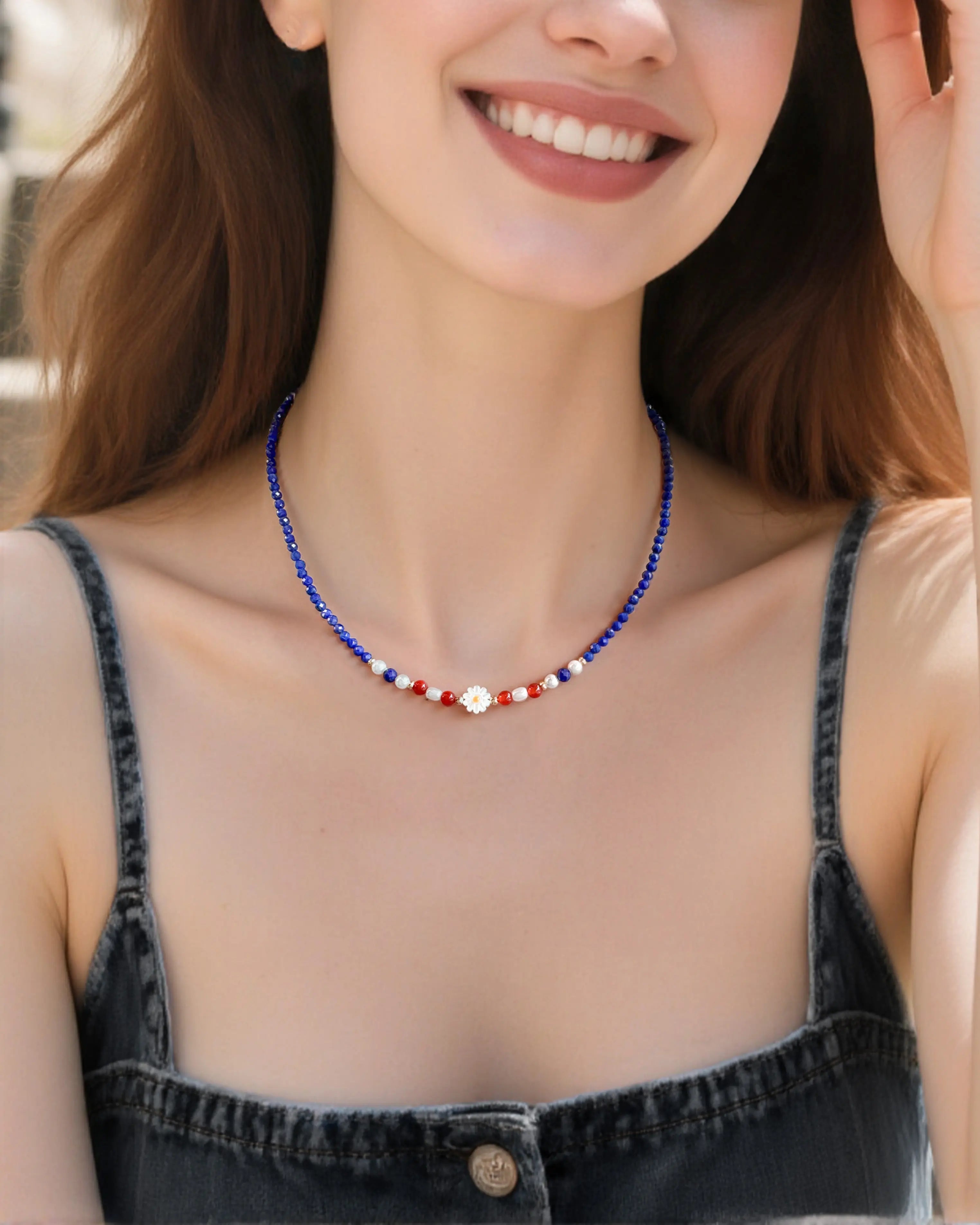 Lapis Lazuli Red Agate 18K Gold Plated Necklace on the model