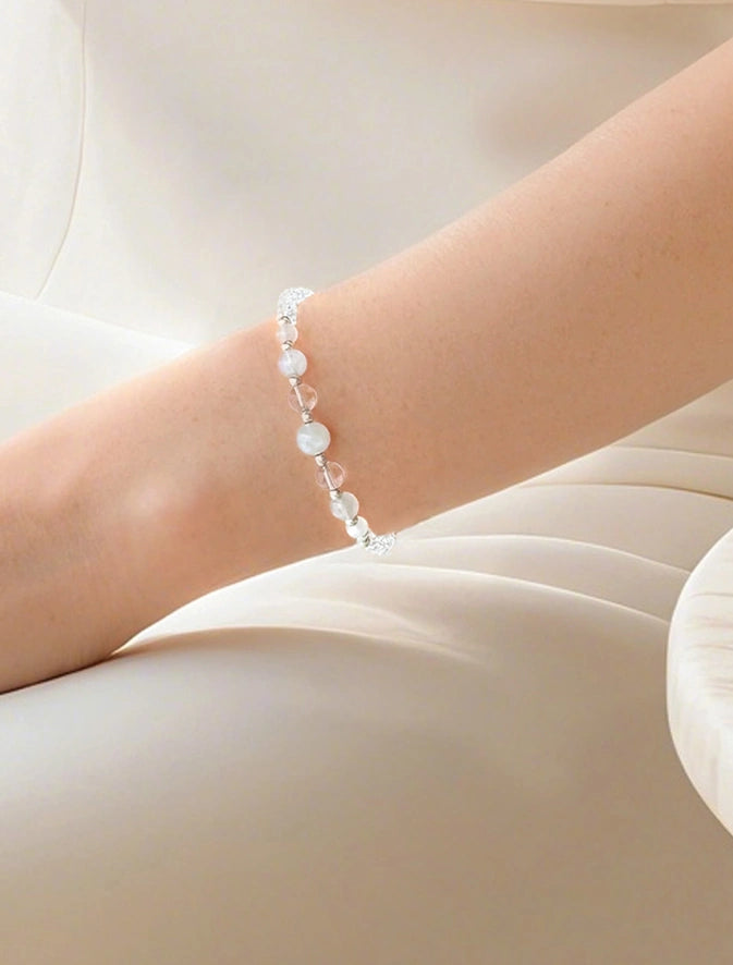 moonstone and clear quartz beaded bracelet on the model