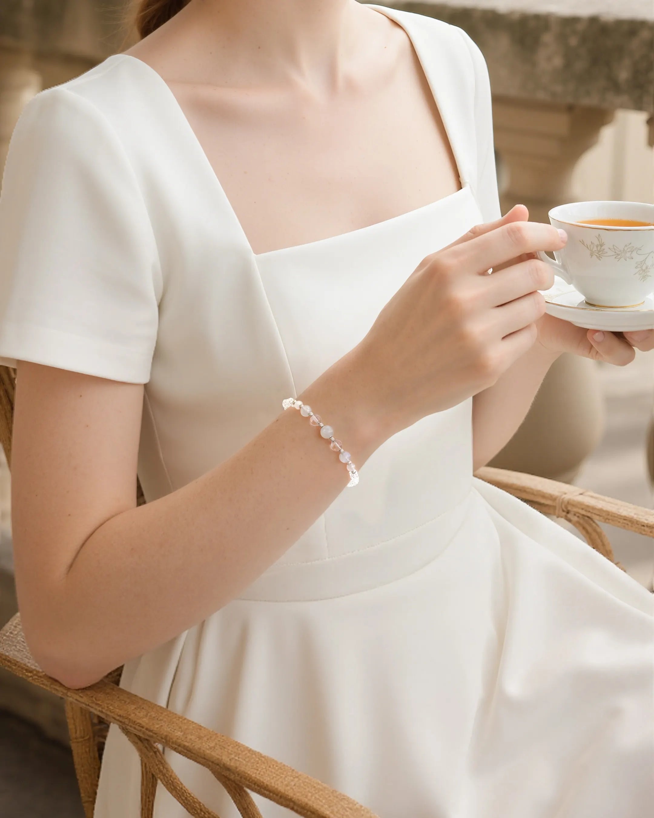 moonstone and clear quartz beaded bracelet – june birthstone