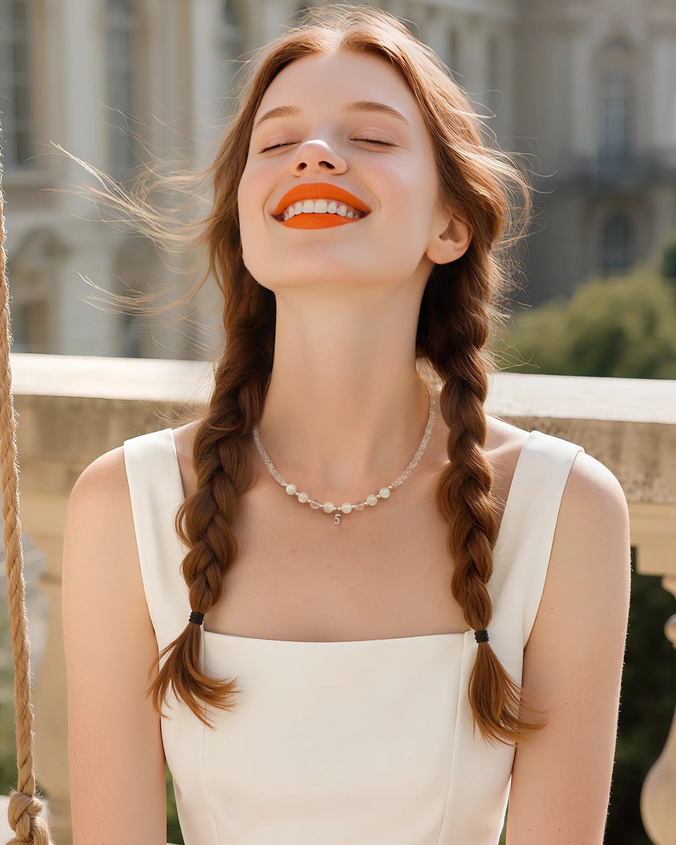 moonstone beaded necklace worn by model