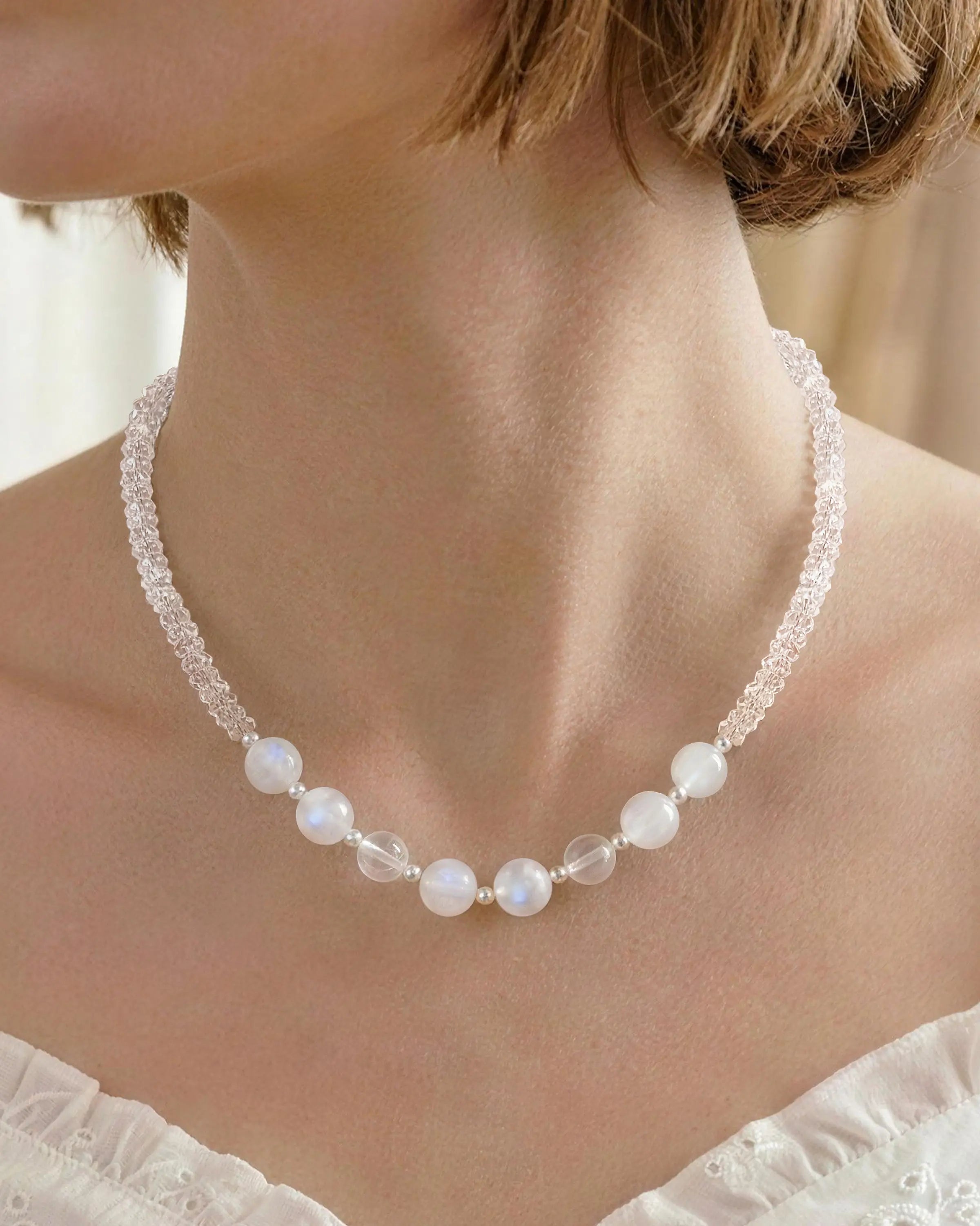 moonstone beaded necklace worn by model