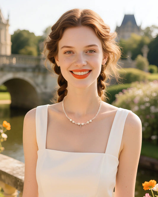 moonstone beaded necklace on model