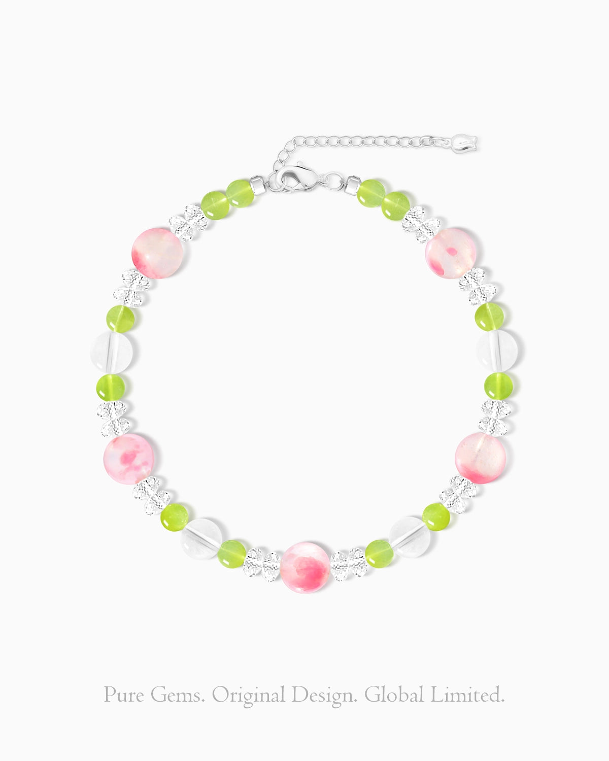 peridot beaded bracelet with clear quartz & rhodonite