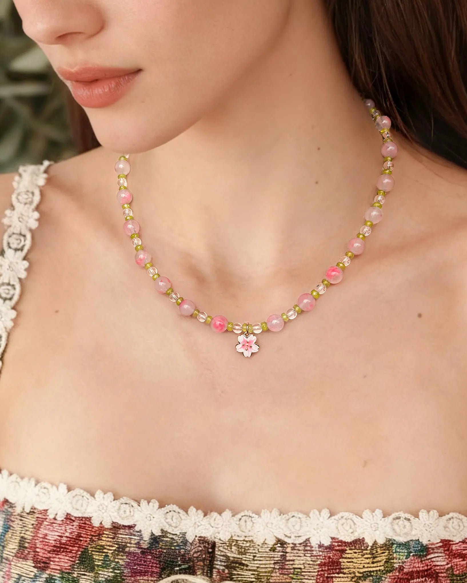 august birthstone necklace on the model