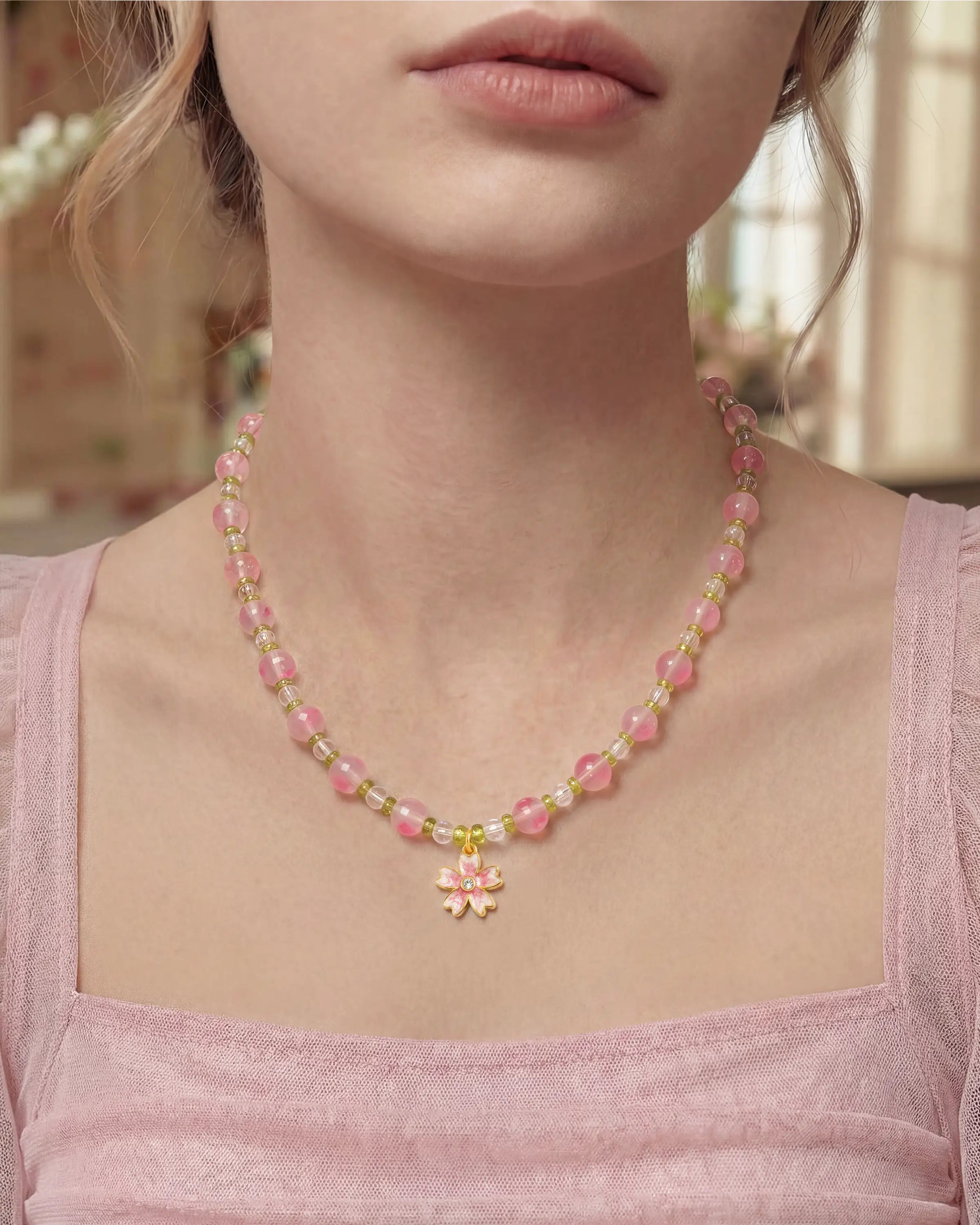 august birthstone necklace on the model