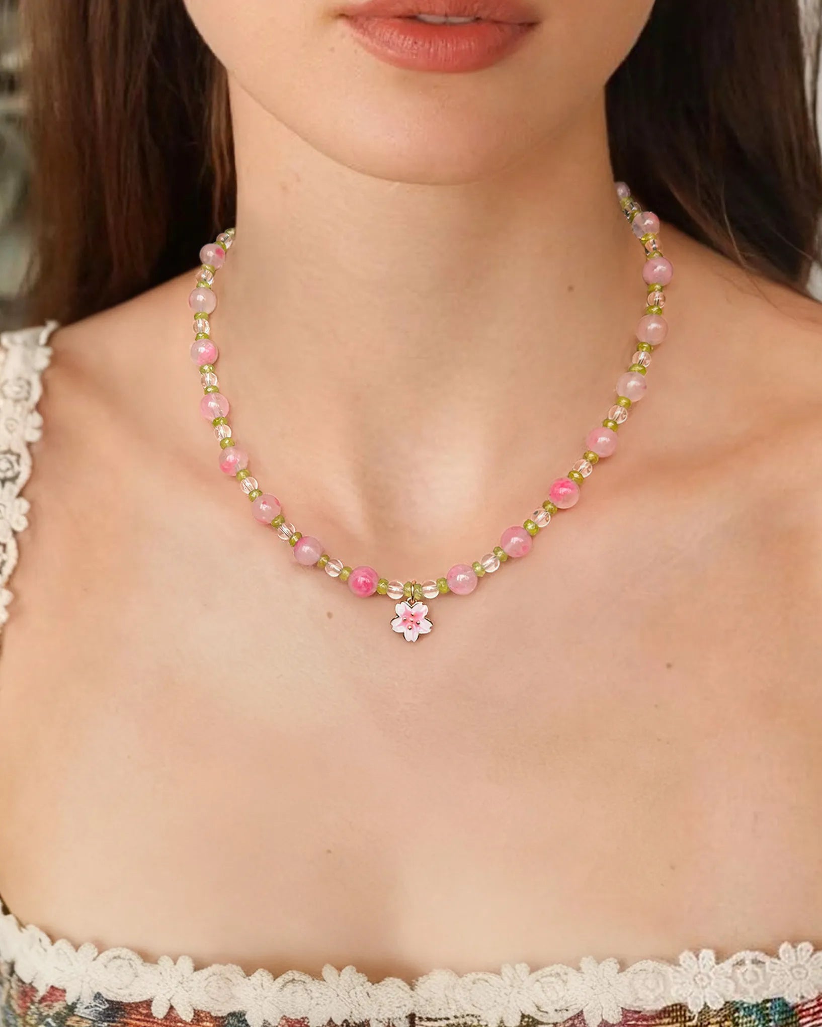 peridot beaded necklace worn by model