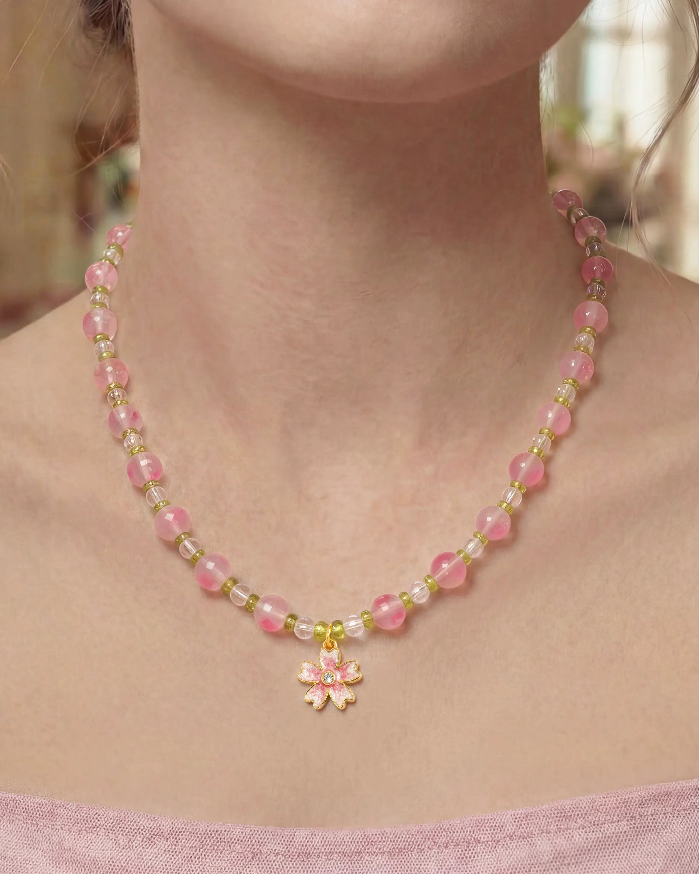 peridot beaded necklace worn by model