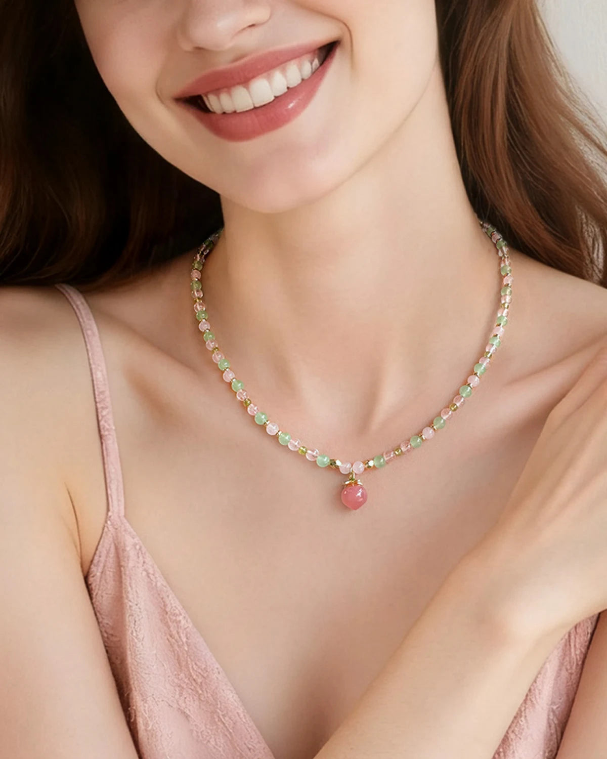 Peridot Rose Quartz Aventurine 14K Gold Plated Necklace on the model