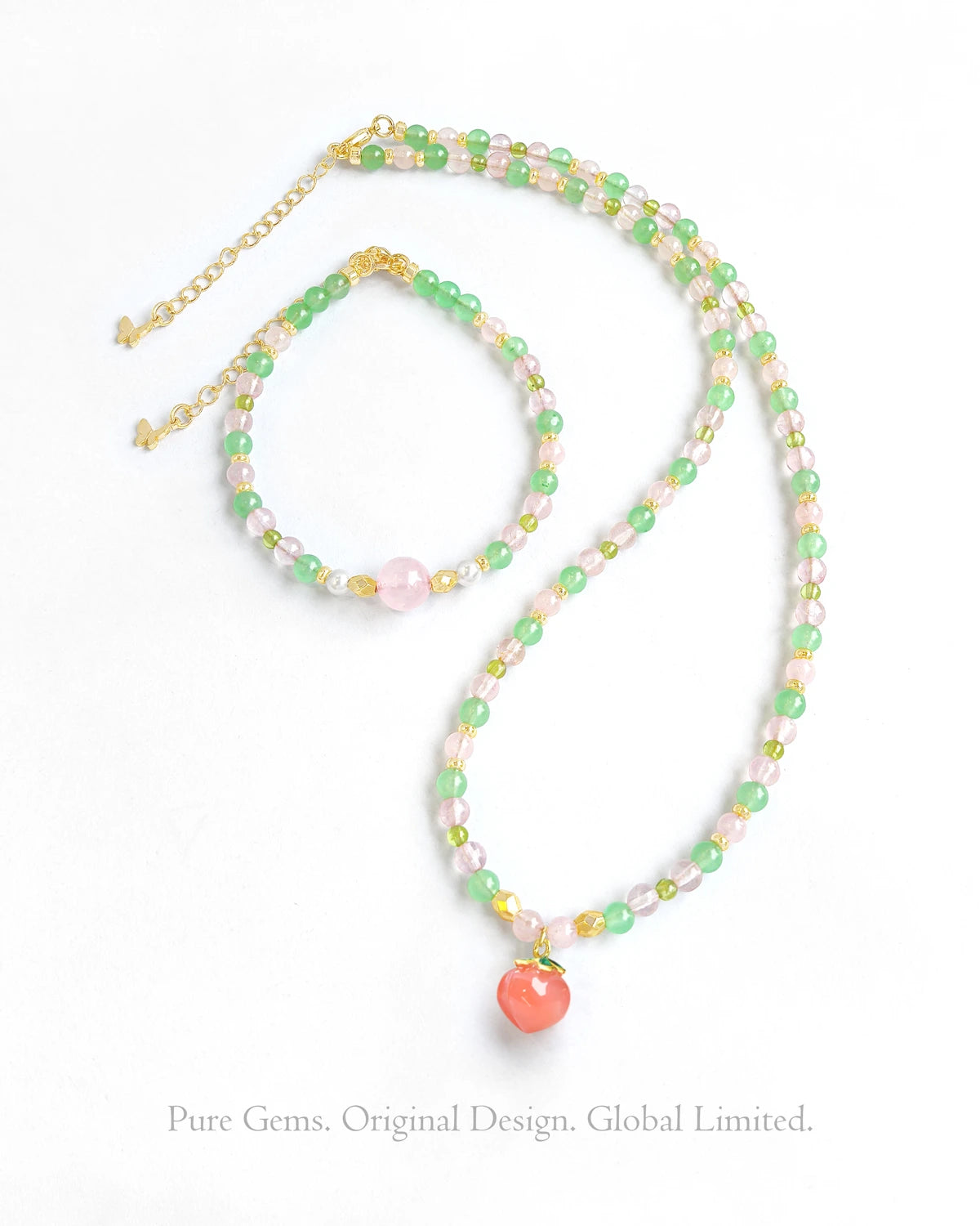 Peridot Rose Quartz Aventurine 14K Gold Plated Necklace and Bracelet Set