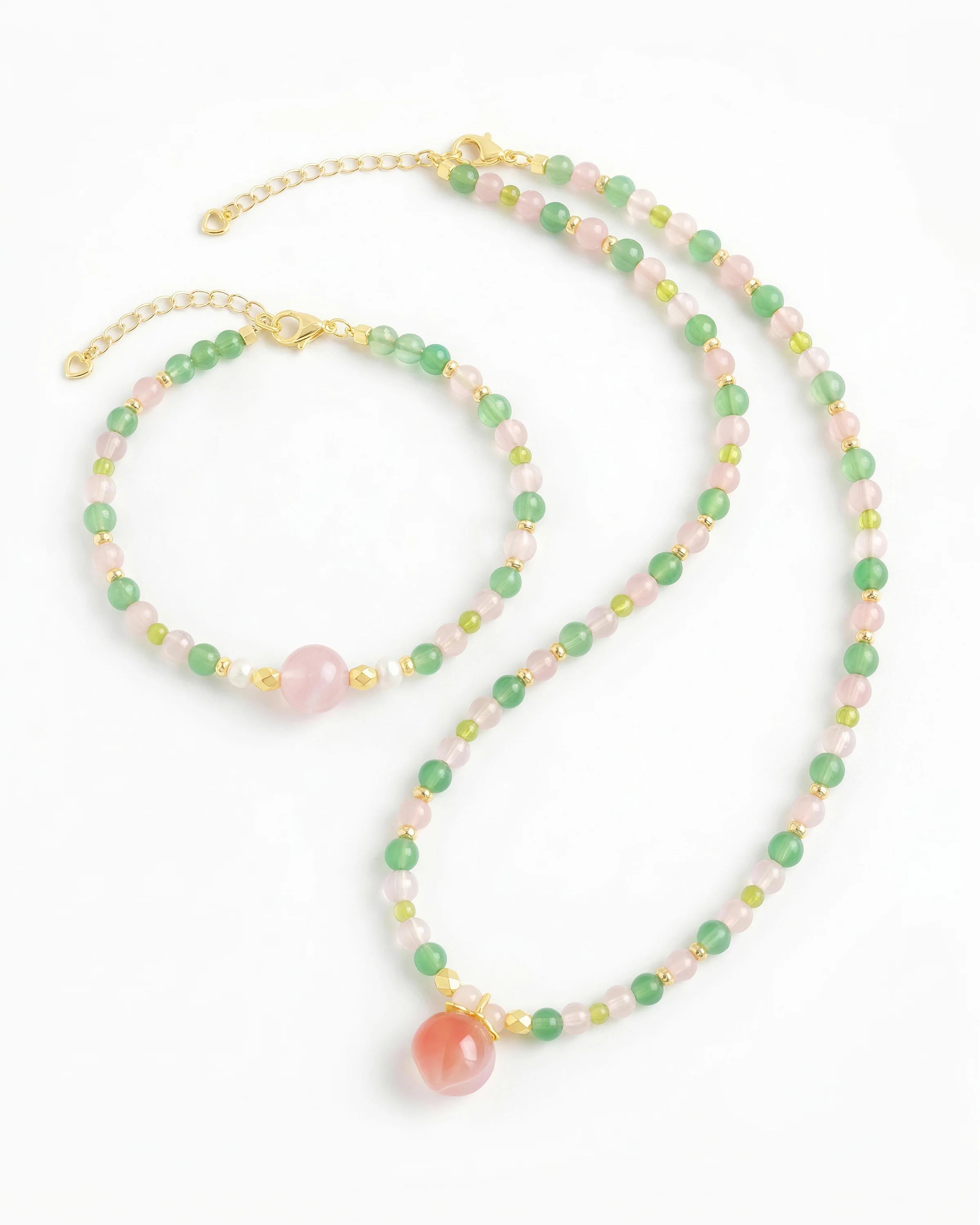 Peridot Rose Quartz Aventurine 14K Gold Plated Necklace and Bracelet Set