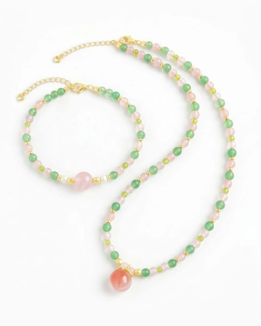 Peridot Rose Quartz Aventurine 14K Gold Plated Necklace and Bracelet Set