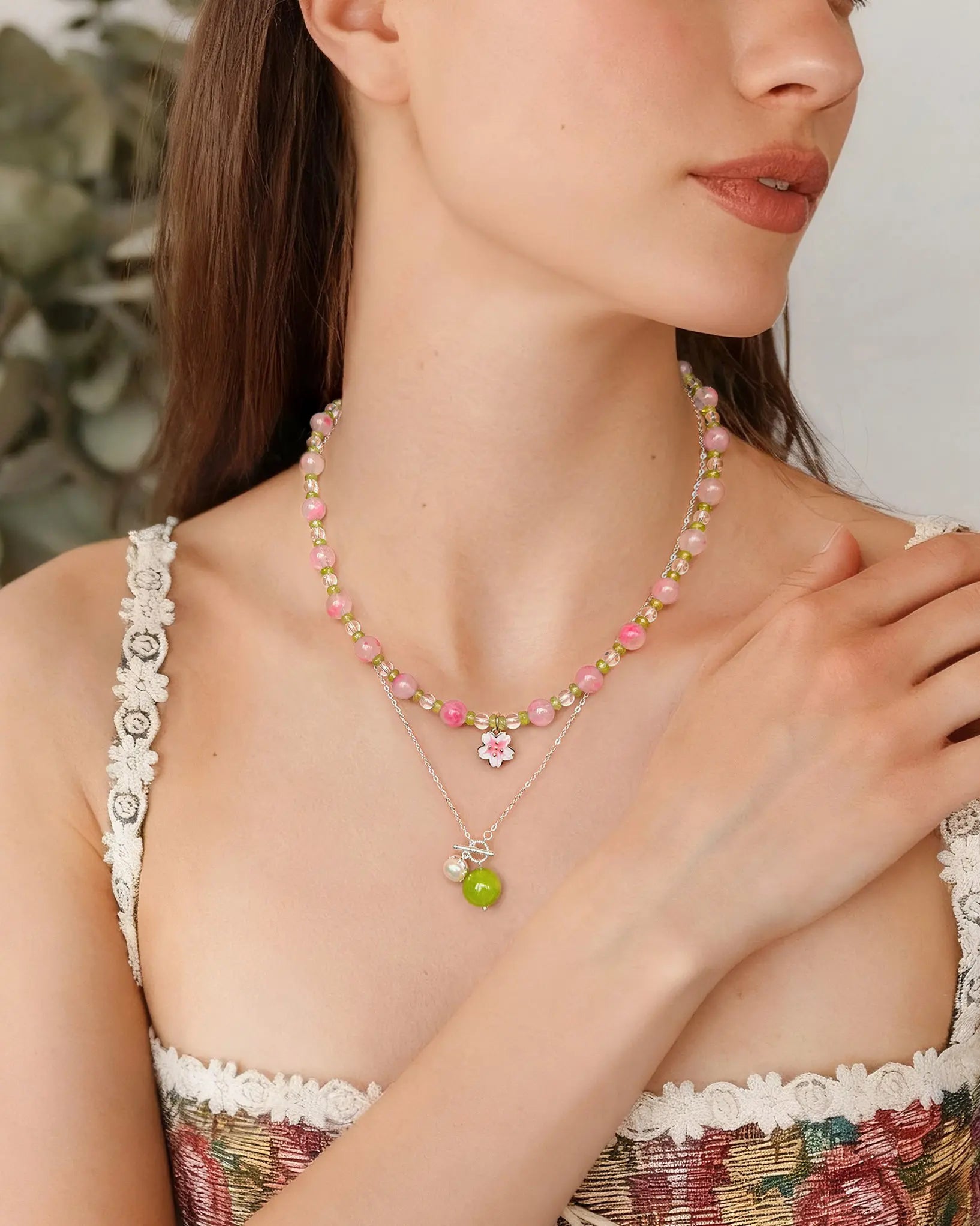 Peridot Beaded Necklace Set on model