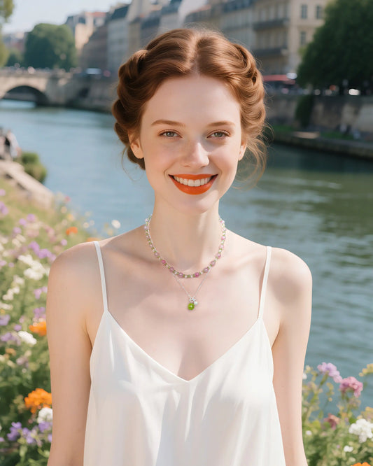 Peridot Beaded Necklace Set on model
