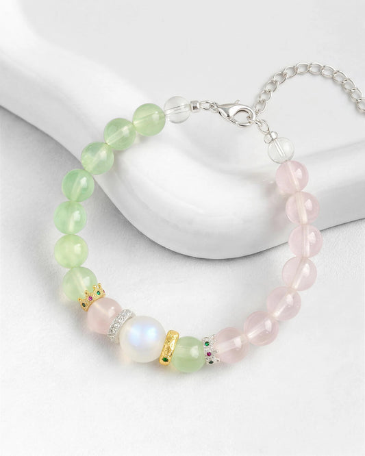 Prehnite Rose Quartz bracelet with 10mm moonstone bead