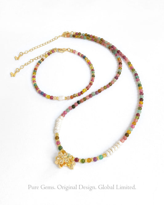 rainbow tourmaline beaded necklace and bracelet set