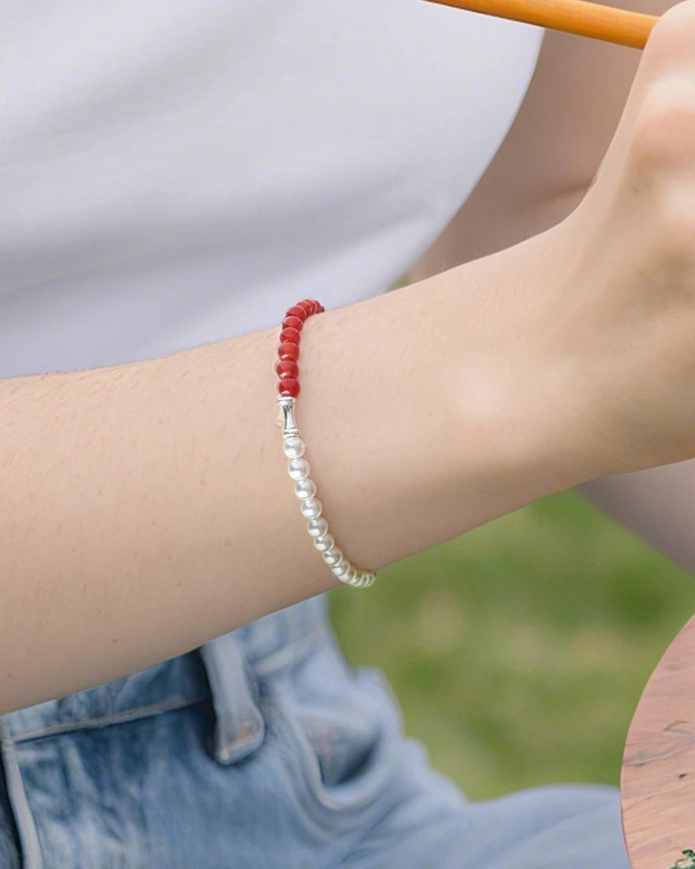 Red Agate Pearl 14K Gold Plated Beaded Bracelet