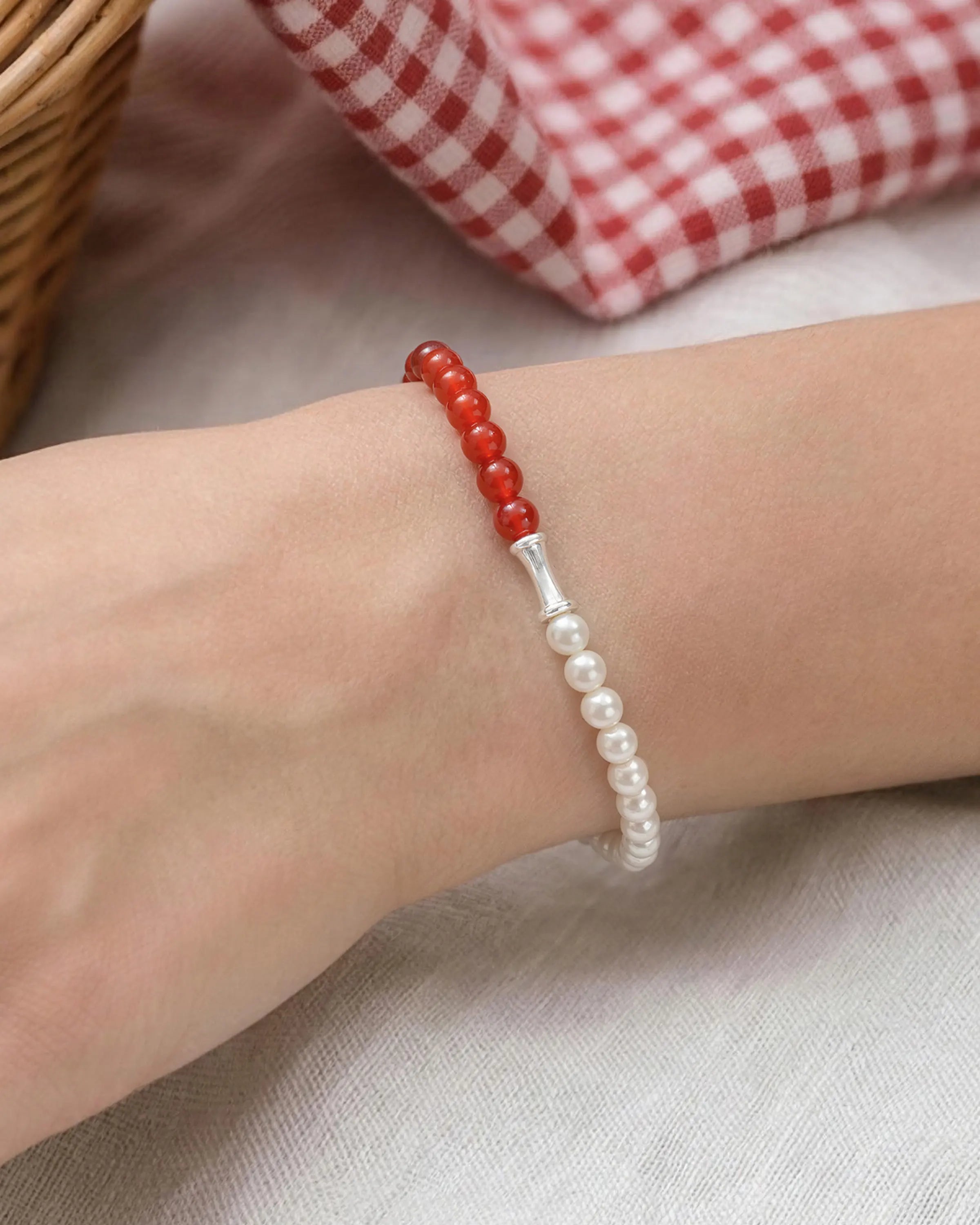 Red Agate Pearl 14K Gold Plated Beaded Bracelet