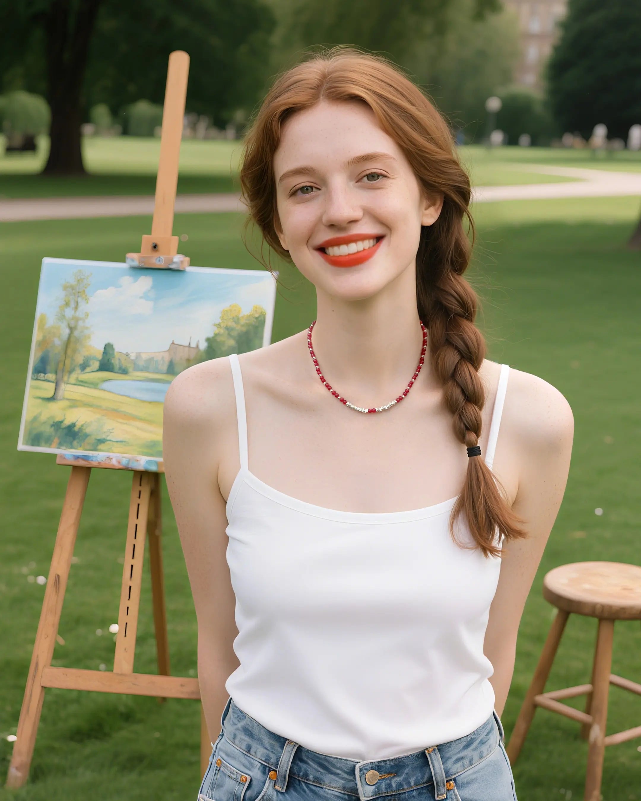 red agate beaded necklace on the model