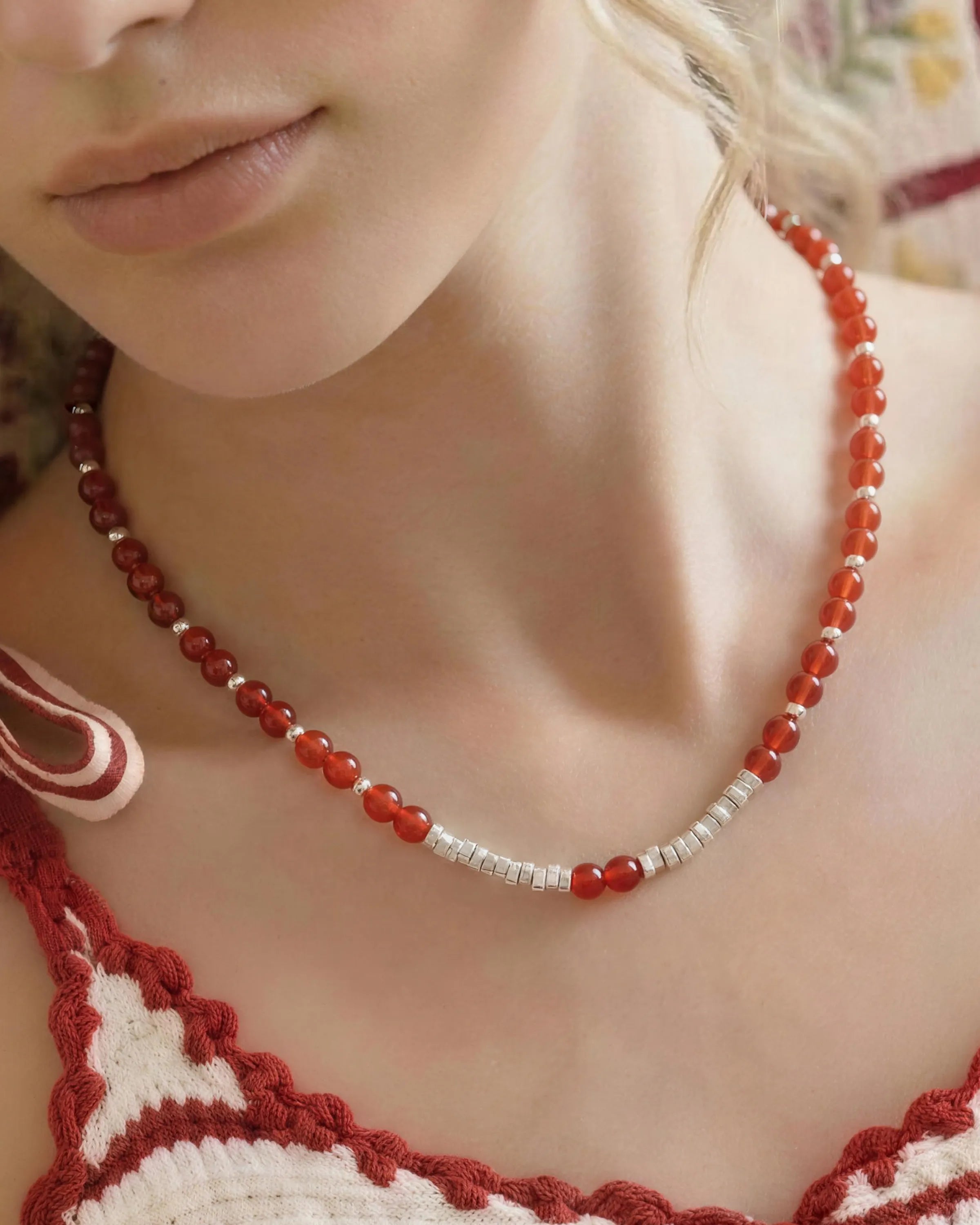 red agate beaded necklace on the model