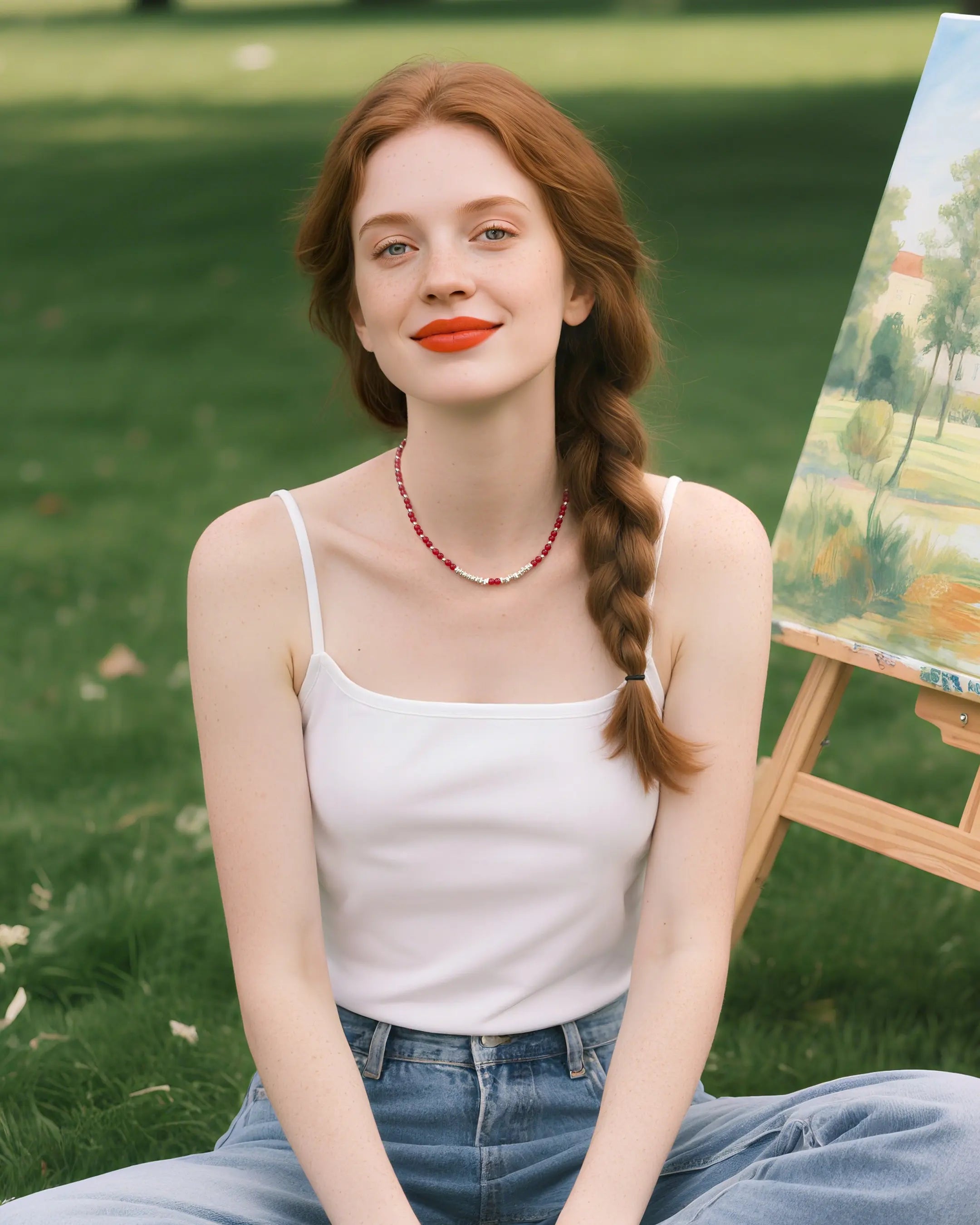 red agate beaded necklace worn by model