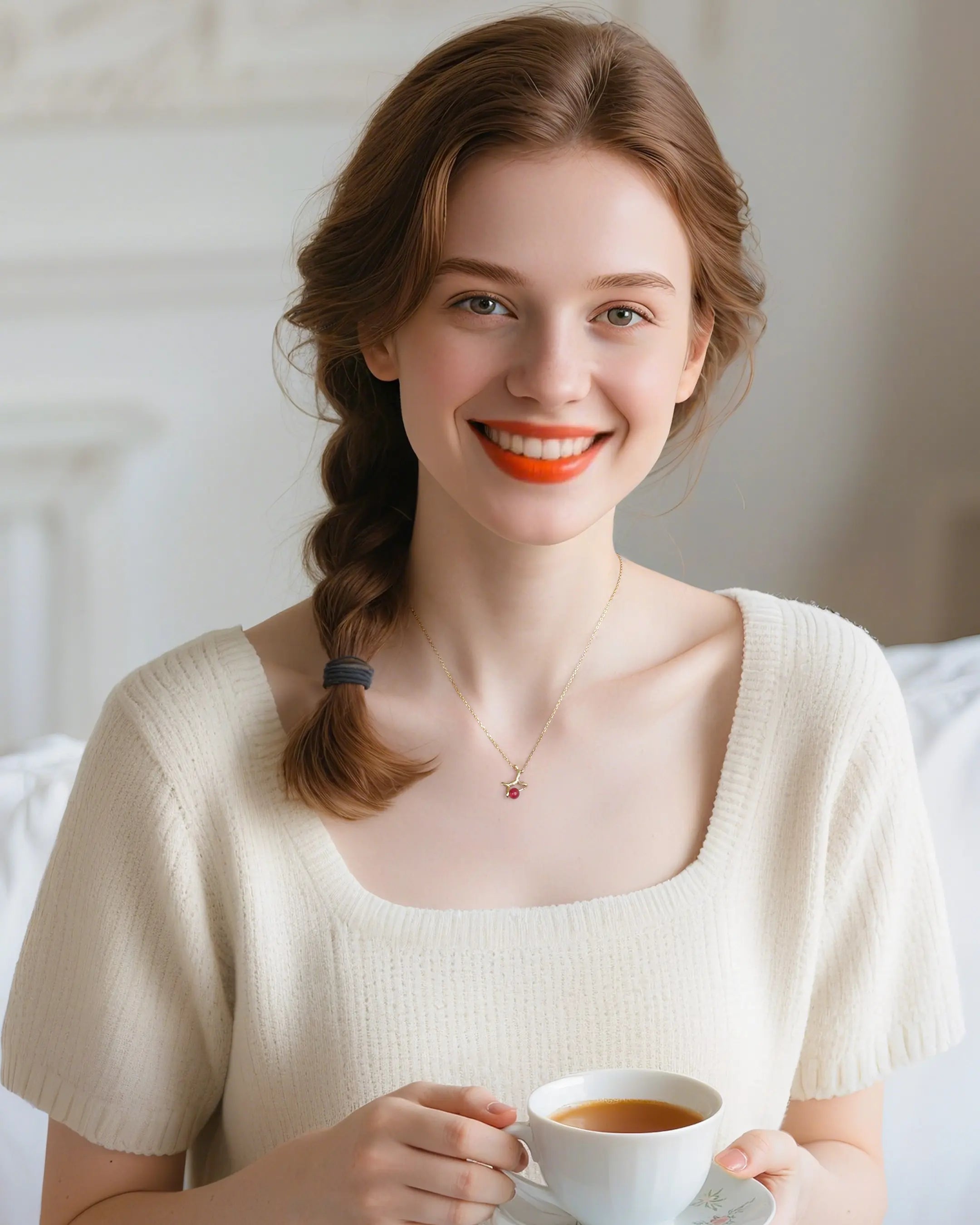 Red Agate Dog Pendant Necklace on model