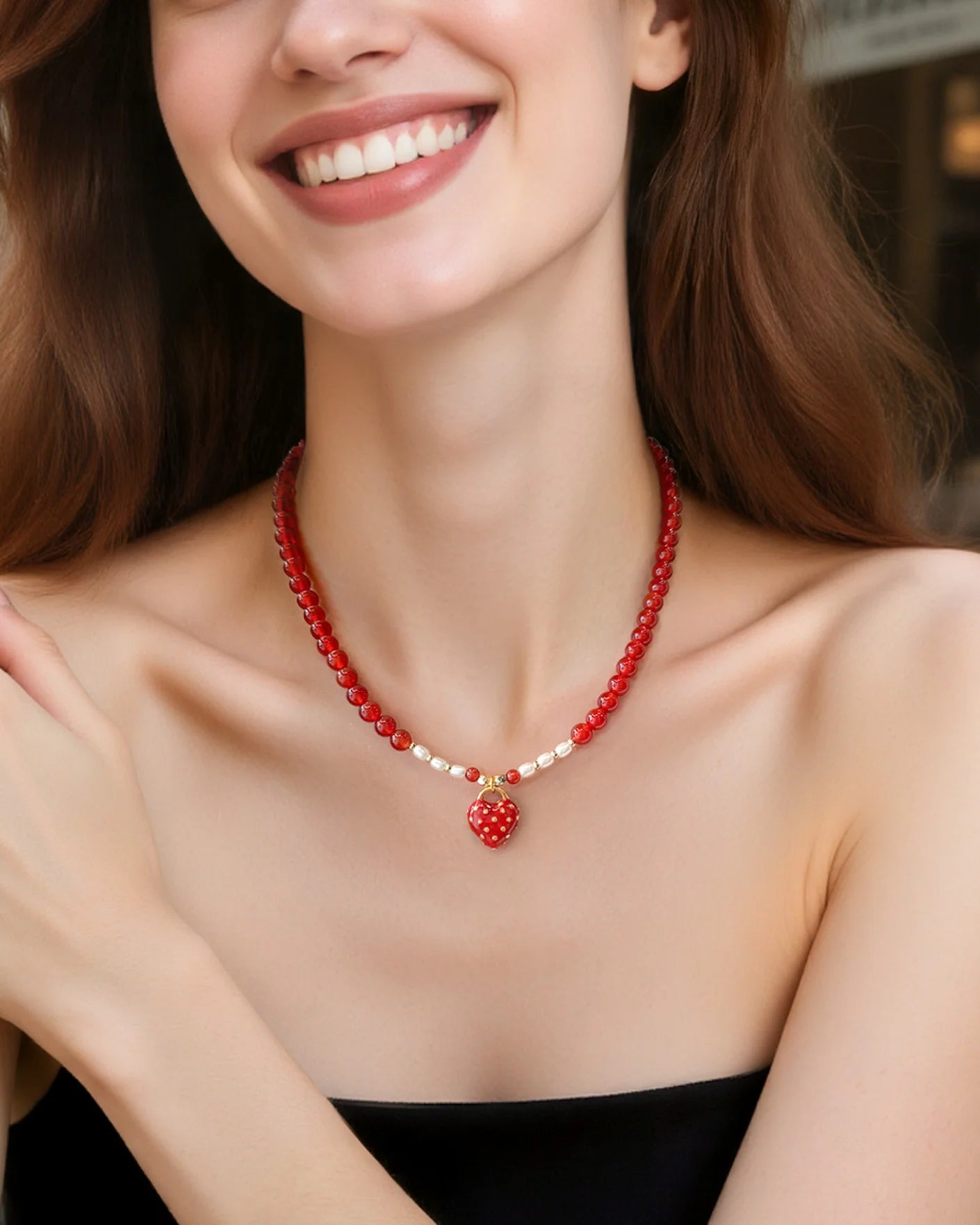 Red Agate Pearl 18K Gold Plated Necklace – Courage & Feminine
