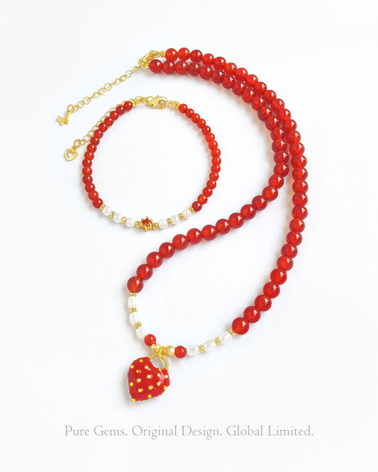 Red Agate Pearl 18K Gold Plated Necklace and Bracelet Set