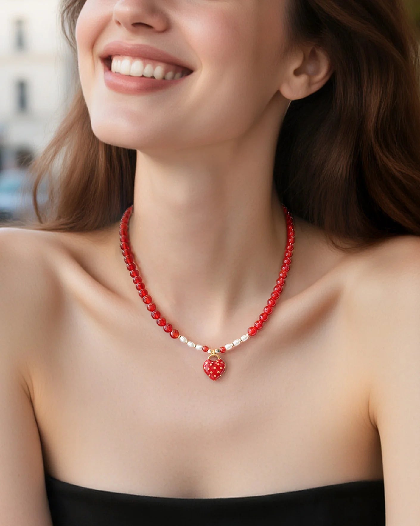 Red Agate Pearl 18K Gold Plated Necklace for Courage and Feminine