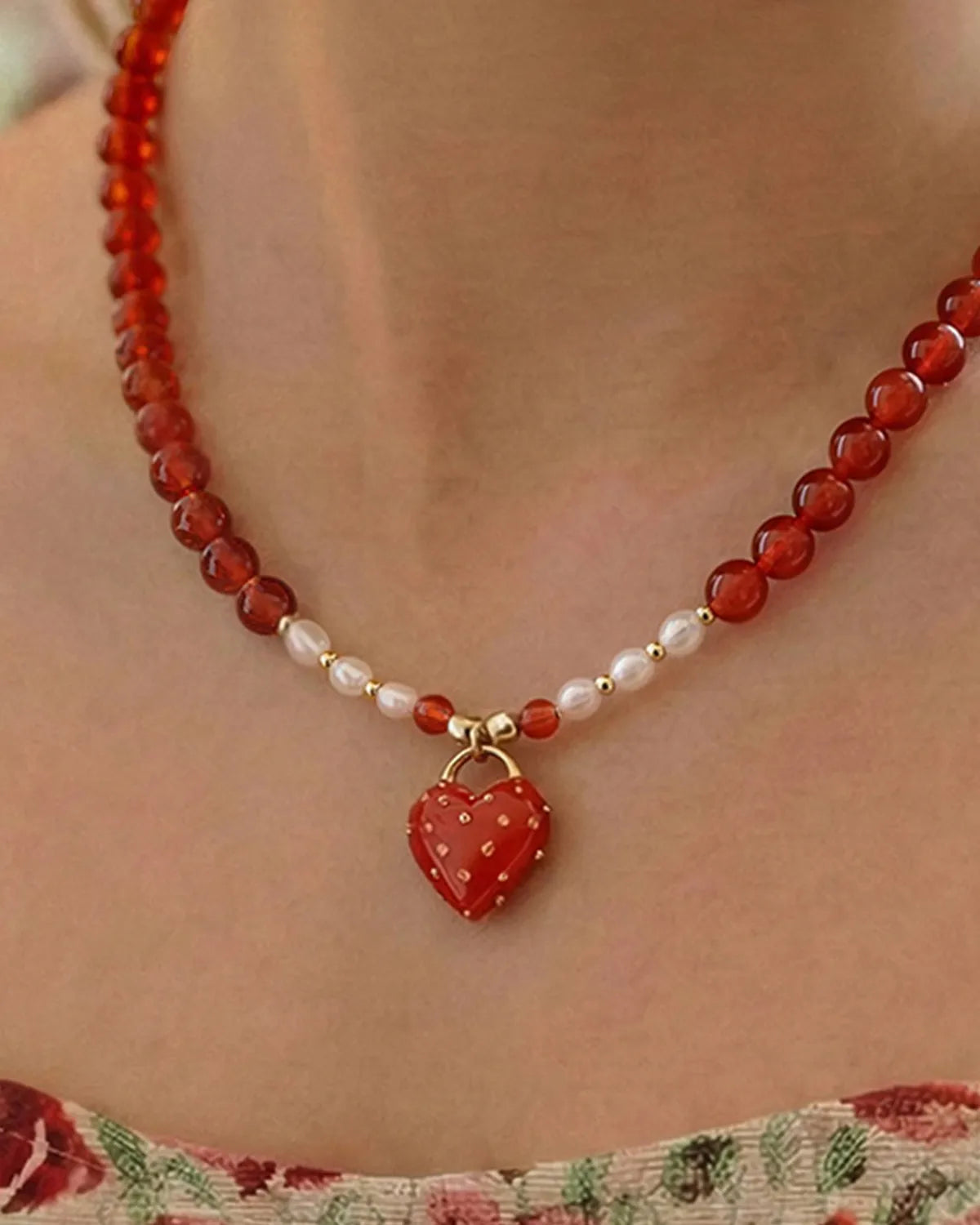 Red Agate Pearl 18K Gold Plated Necklace for Courage and Feminine