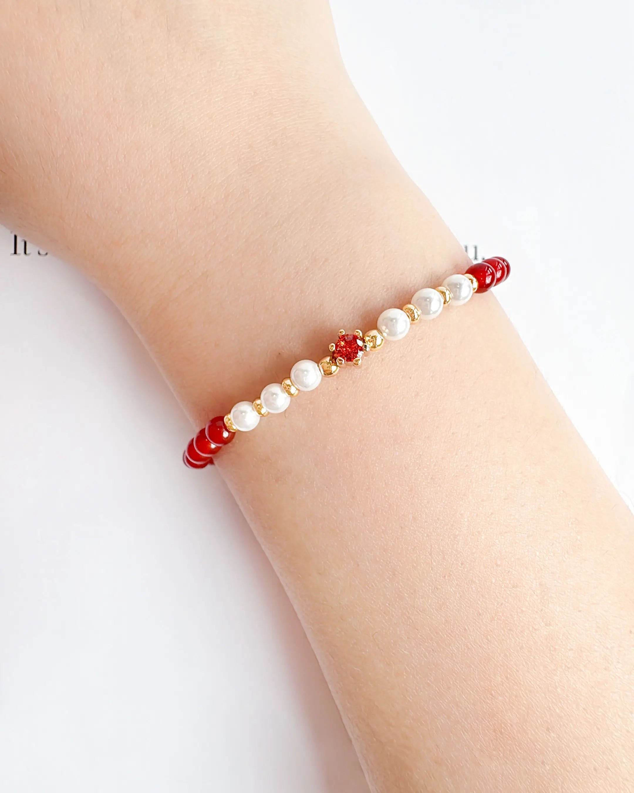 Red Agate Pearl 14K Gold Plated Bracelet for Courage and Wisdom