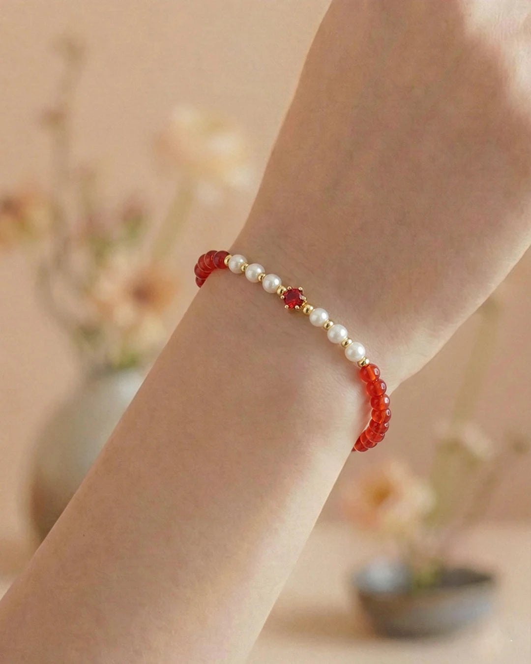Red Agate Pearl 14K Gold Plated Bracelet for Courage and Wisdom