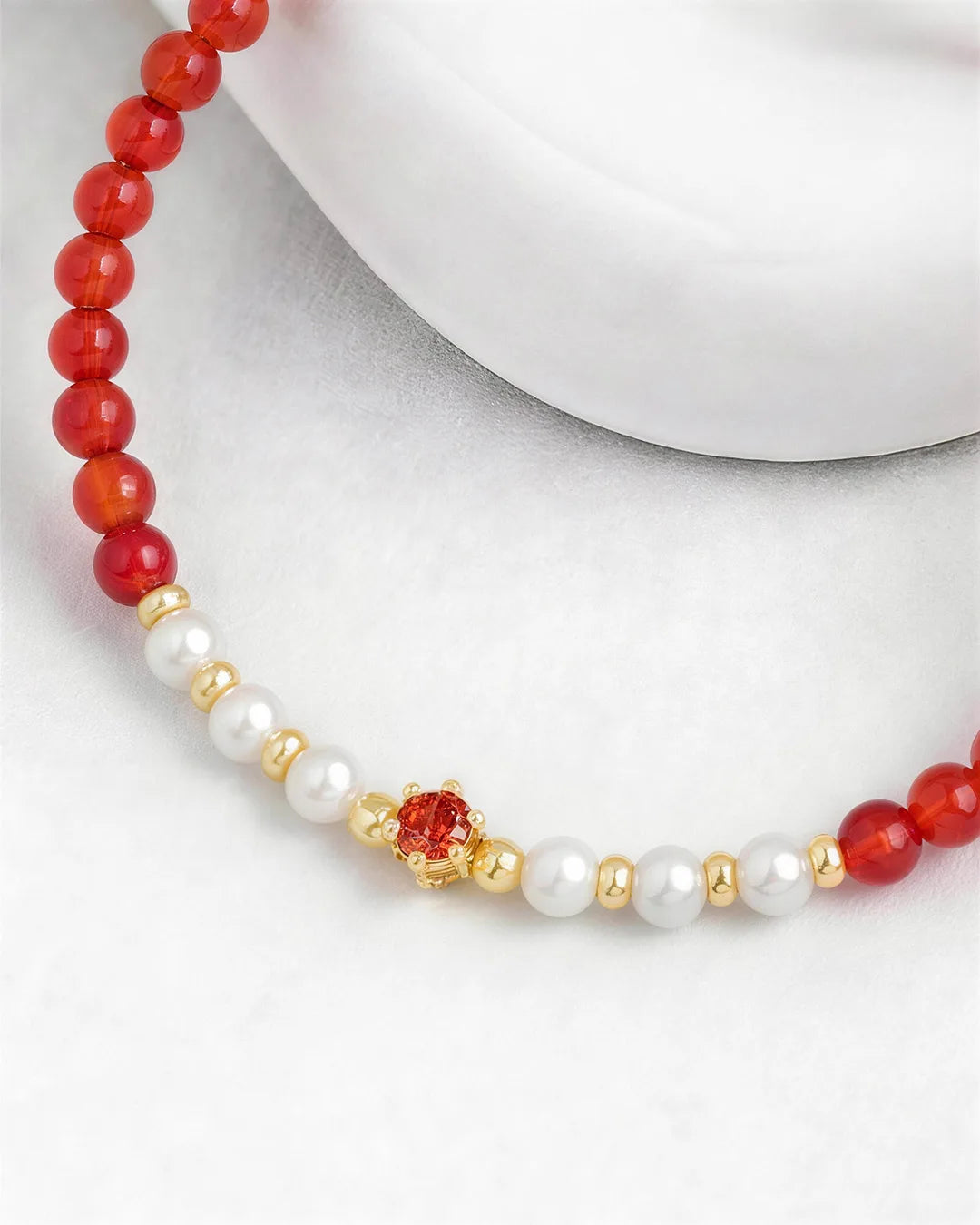 Red Agate Pearl 14K Gold Plated Bracelet closeup